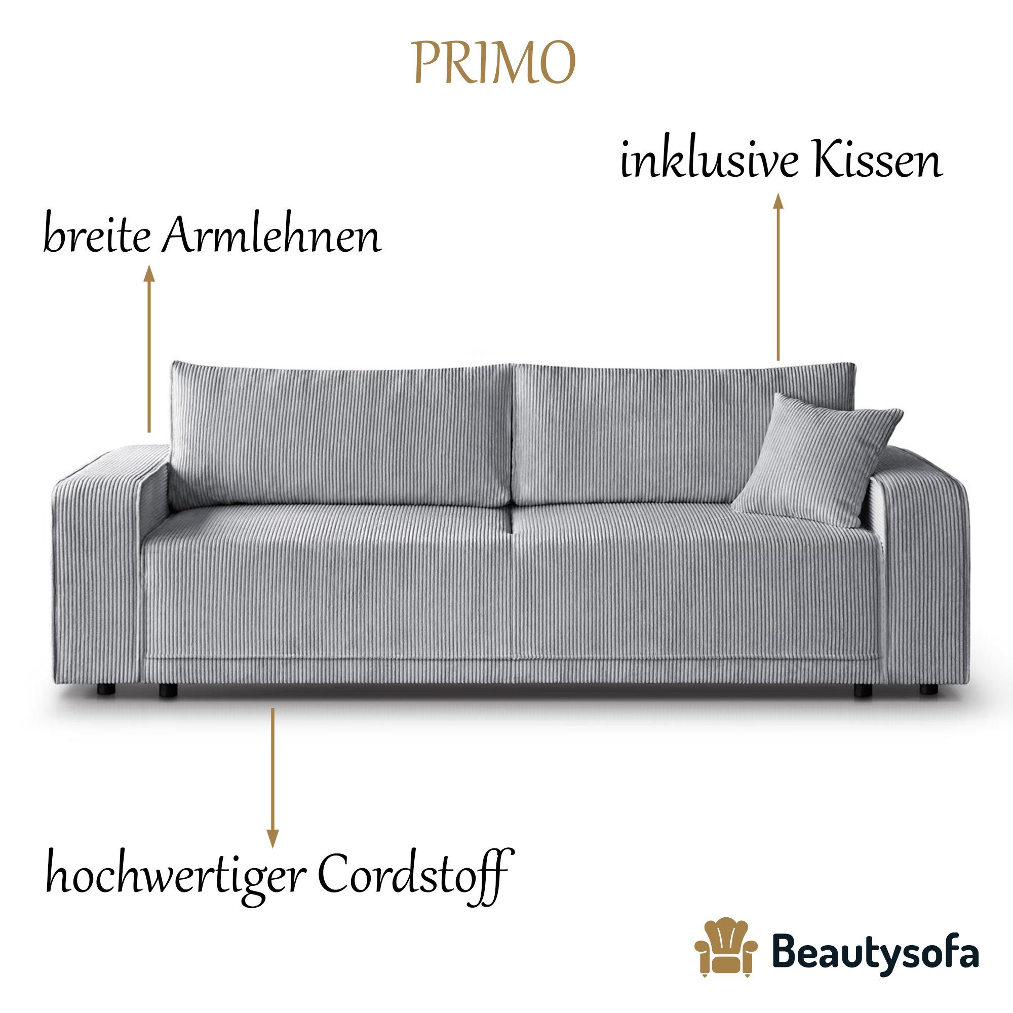PRIMO, 55) Armlehnen Beautysofa Schlaffunktion, Bettkasten, Hellgrau Schlafsofa (poso modernes breite Wellenfedern, Design Sofa,