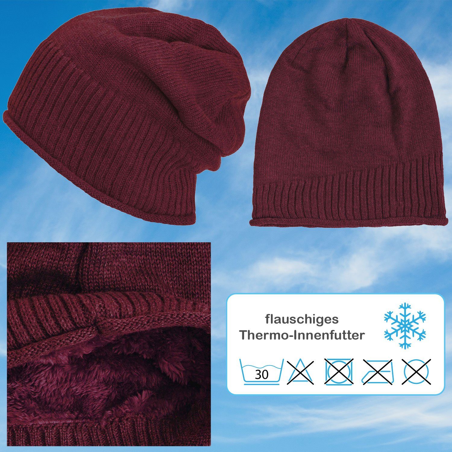 Strickmütze dunkelrot Strickmütze Haube Wintermütze Damen Herren compagno Beanie Mütze Gefütterte (1-St)