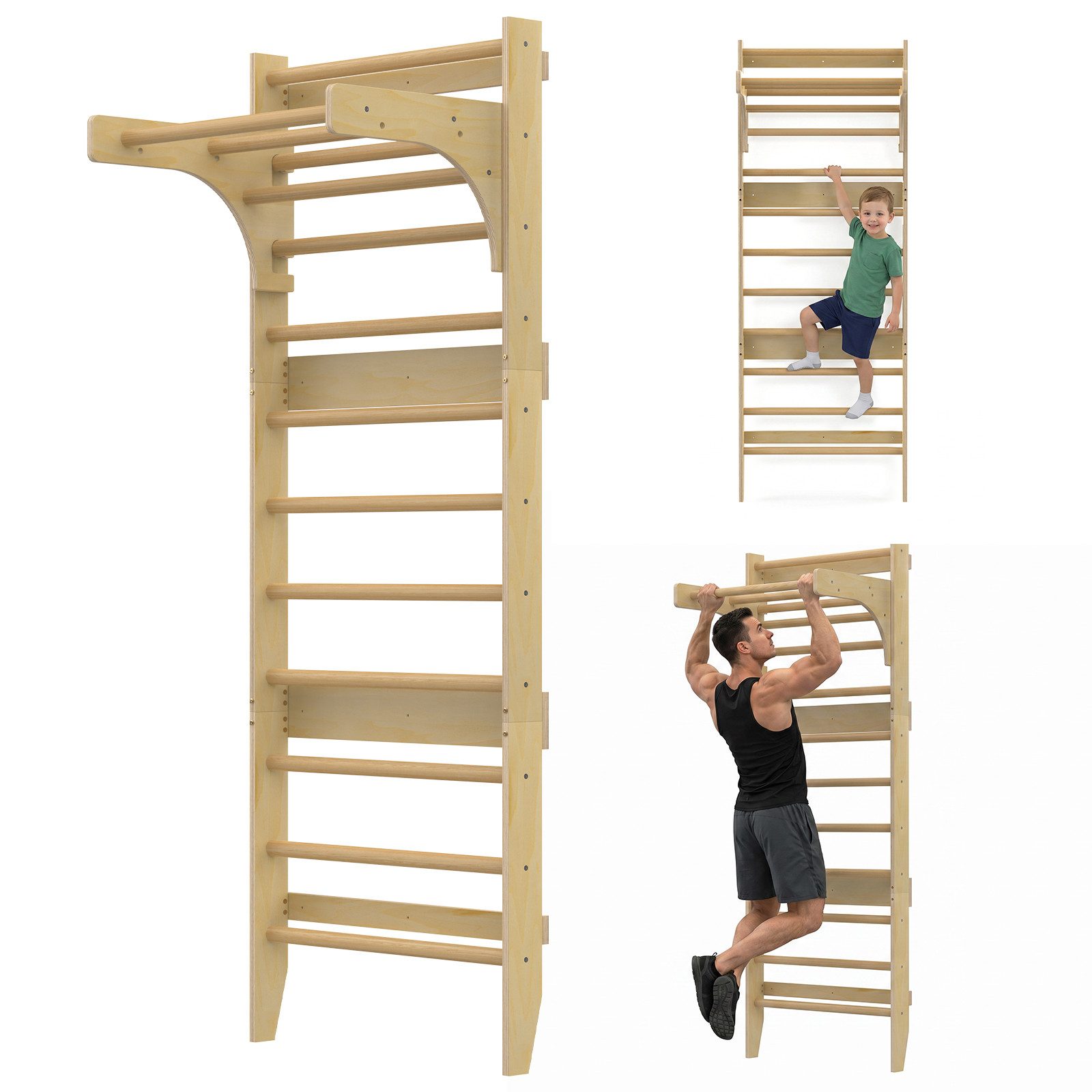 Hausright Sprossenwand für Erwachsene und Kinder, Höhenverstellbar Klimmzugstange Kletterwand, (Klettergerüst, Sprossenwand, Klimmzugstange, Strickleiter, Turnringe, Runde Trapez), Gymnastikstange aus Holz Wandmontage