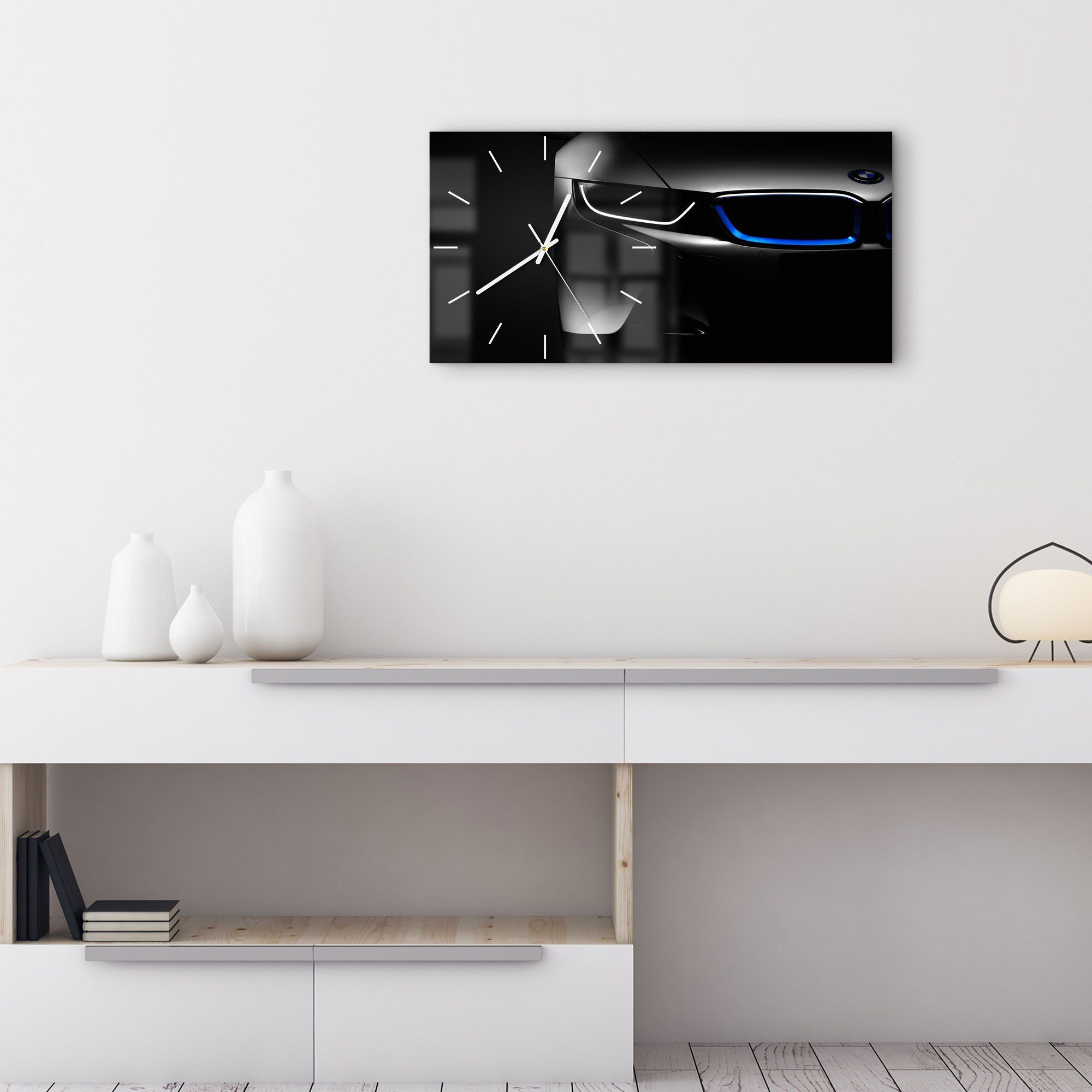 DEQORI Wanduhr 'BMW i8 Frontalaufnahme' (Glas Glasuhr modern Wand Uhr Design Küchenuhr)