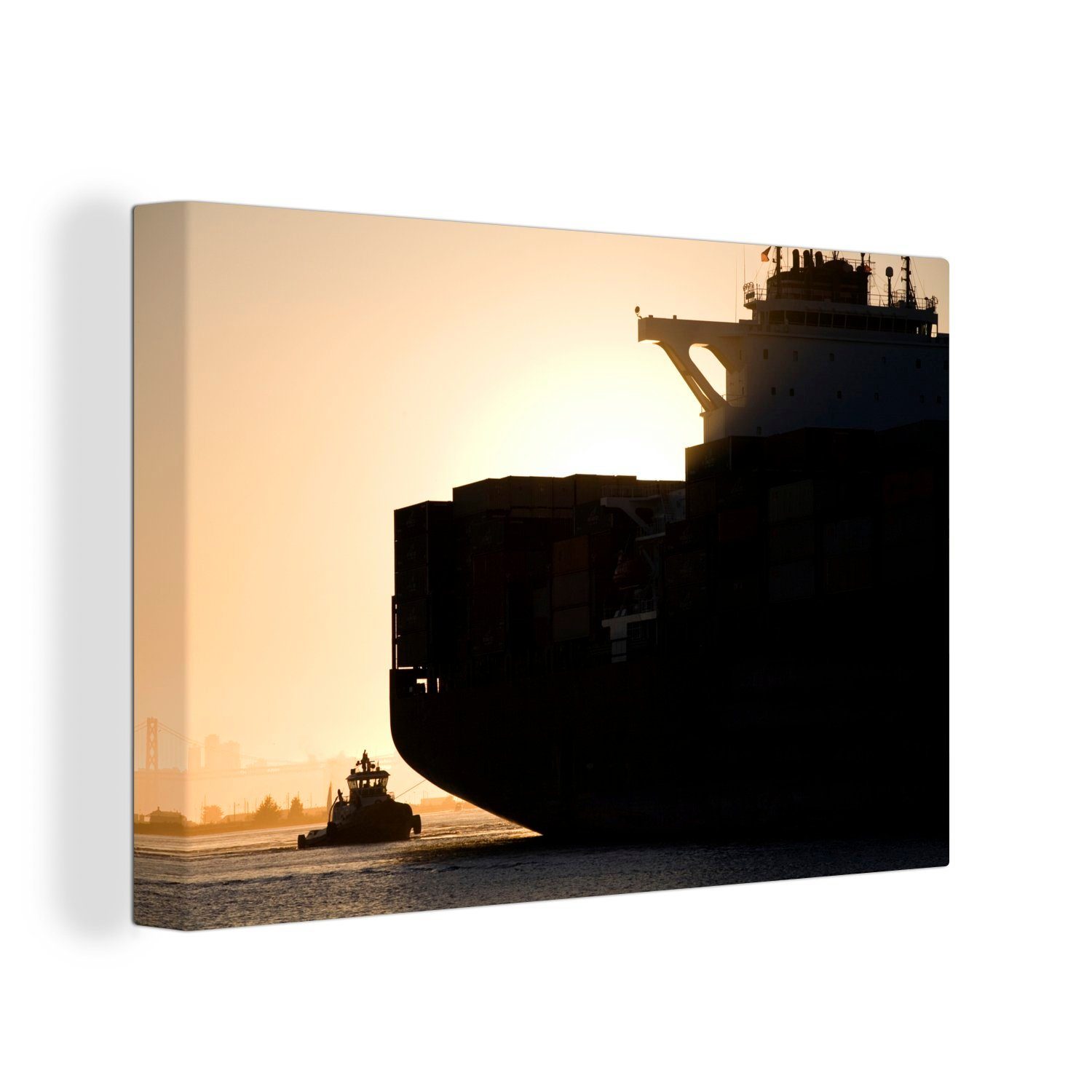 OneMillionCanvasses® Leinwandbild Schlepper und ein Containerschiff, (1 St), Wandbild Leinwandbilder, Aufhängefertig, Wanddeko, 30x20 cm