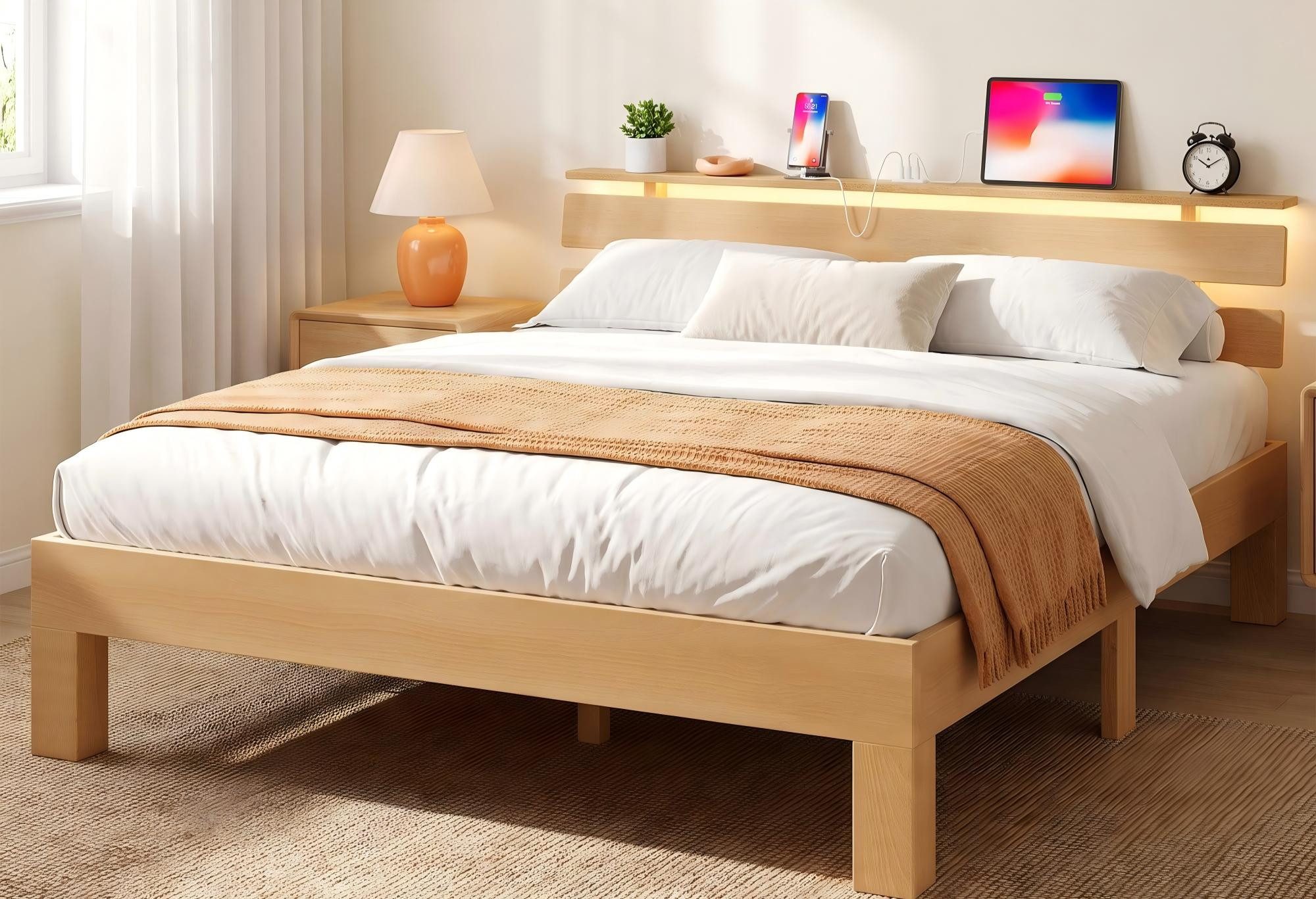 VASAGLE Bettgestell Massivholzbett mit LED&USB, ergonomischer Rückenlehne, 140/160/180cm, Bettgestell 140 x 200 cm, Kopfteilablage, hohe Stabilität, Naturfarben