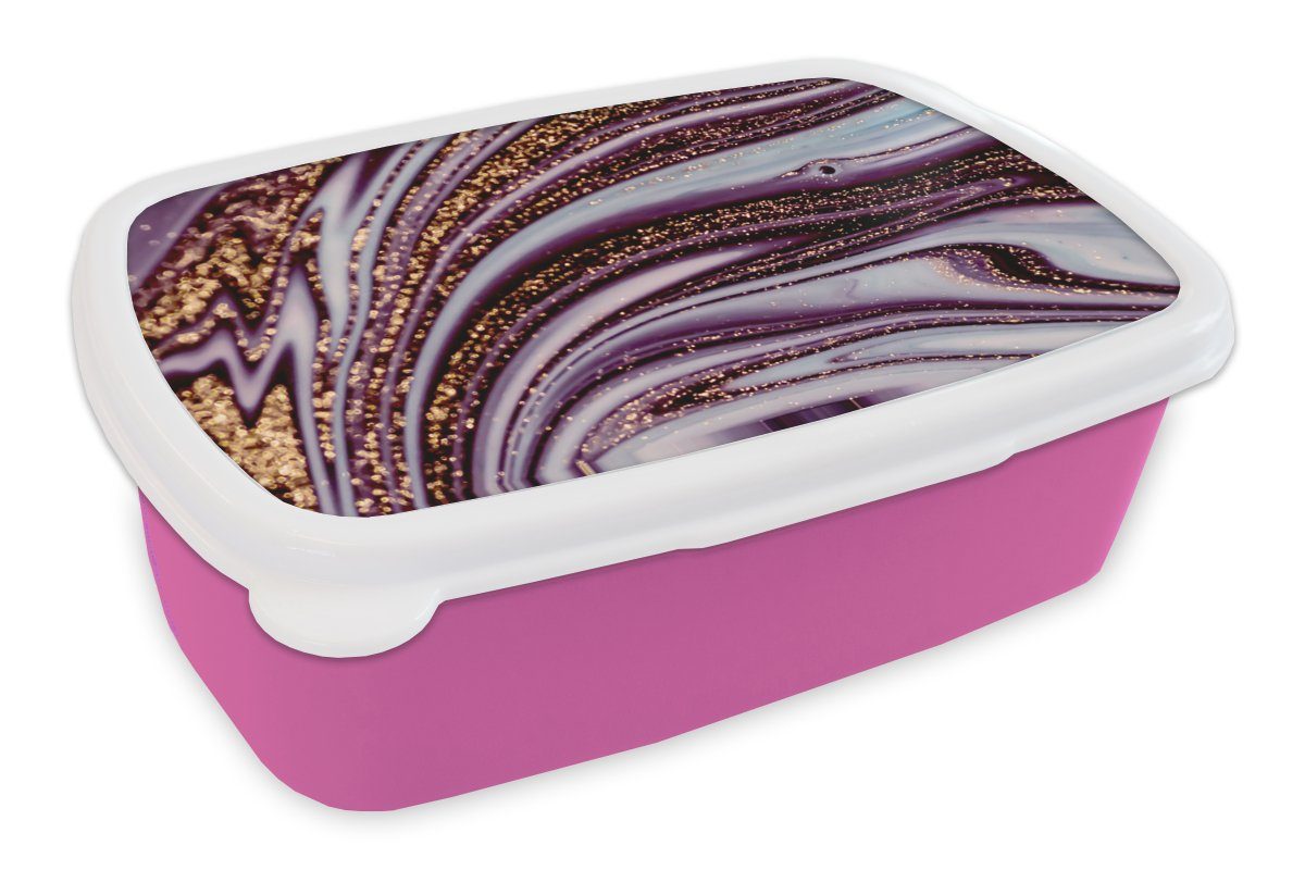 MuchoWow Lunchbox Marmor - Rosa - Gold - Glitter - Marmoroptik - Luxus, Kunststoff, (2-tlg), Brotbox für Erwachsene, Brotdose Kinder, Snackbox, Mädchen, Kunststoff