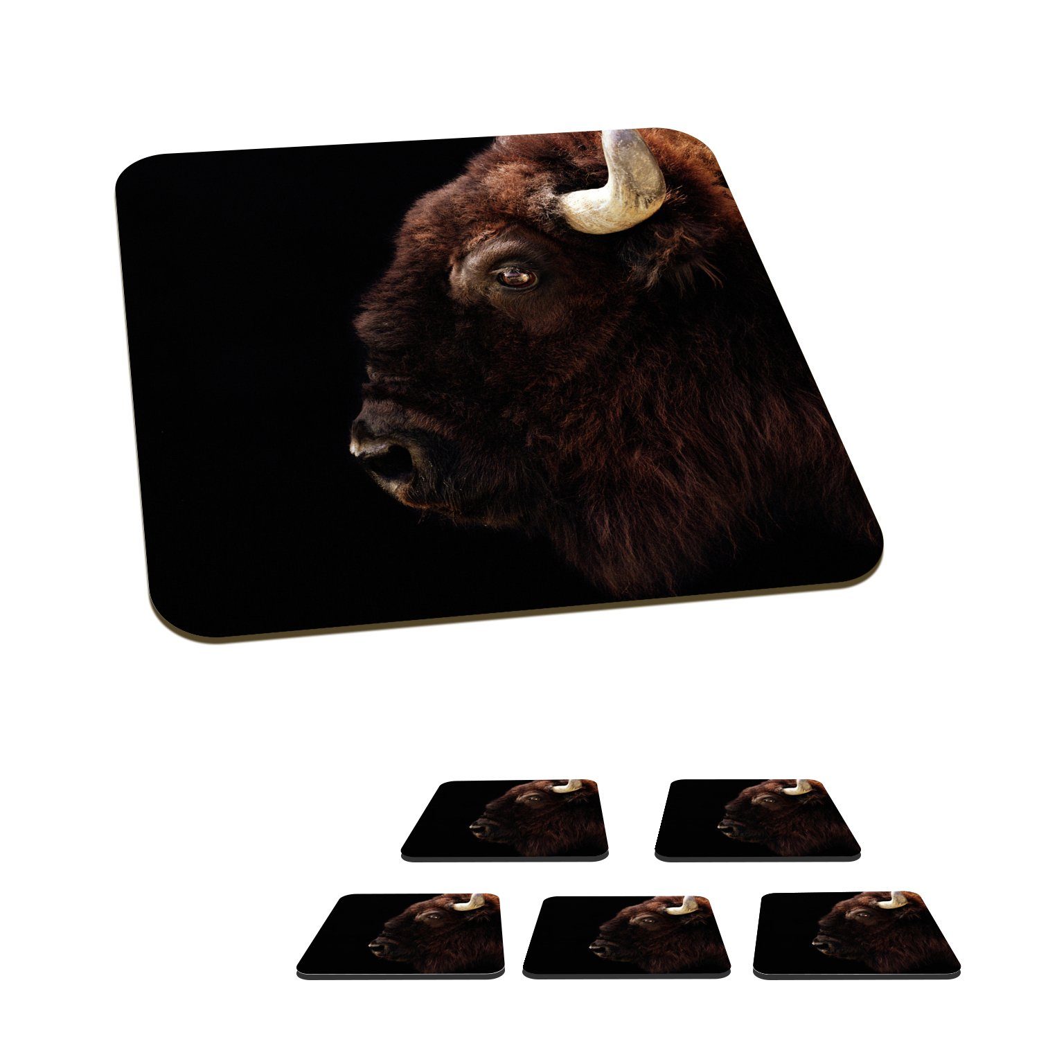 Bison Tischuntersetzer, Porträt, 6-tlg., Horn Glasuntersetzer MuchoWow Tasse Zubehör - Korkuntersetzer, für Glasuntersetzer, Gläser, Untersetzer, -