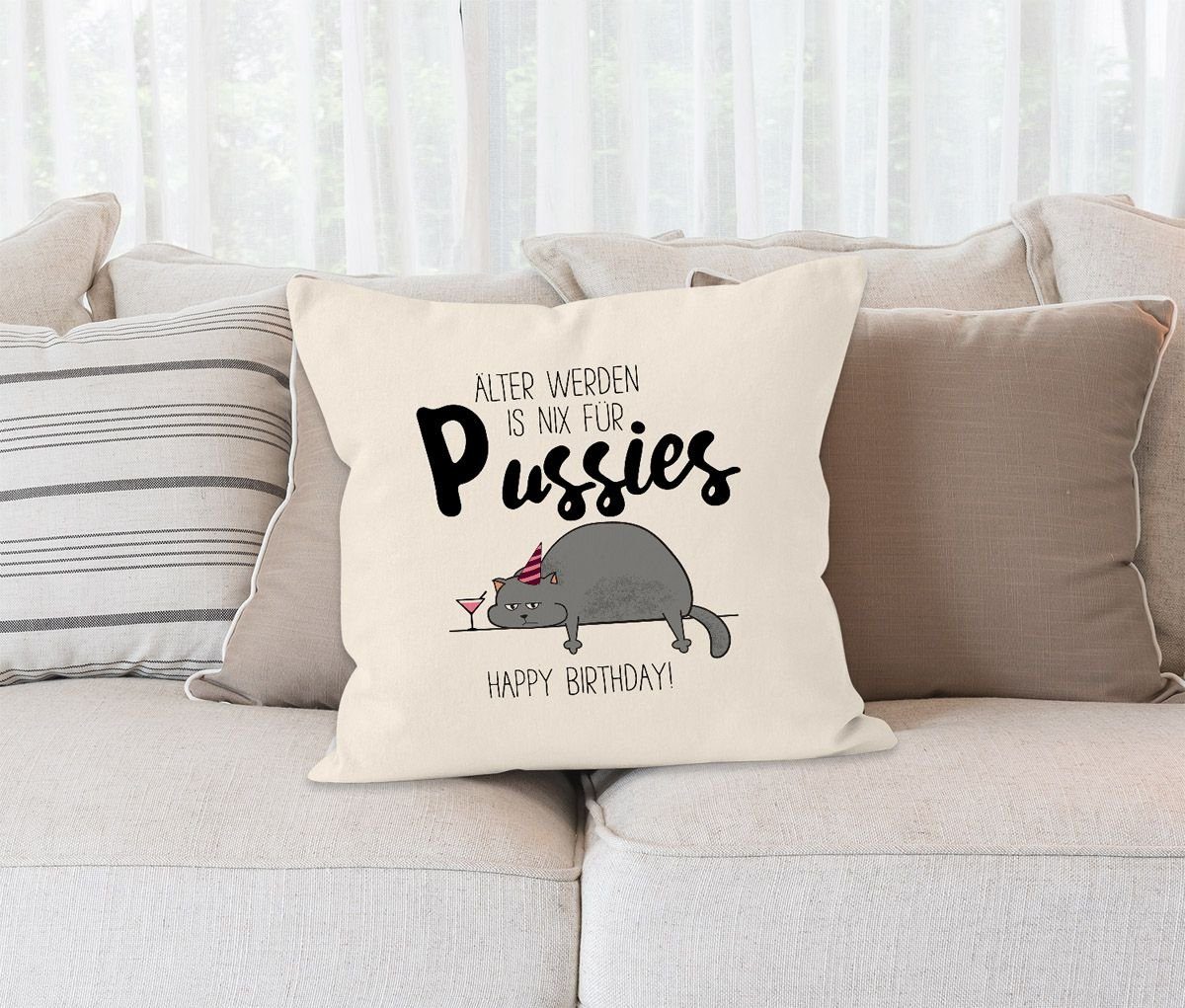 Deko-Kissen Geschenk Kissen-Hülle Katze für Kissen-Bezug MoonWorks Baumwolle Älter werden lustig natur Geburtstag Pussies nichts Dekokissen ist MoonWorks®