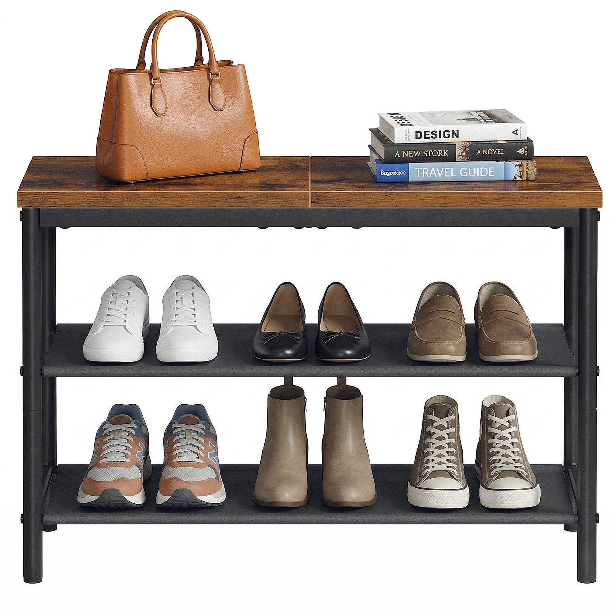 VASAGLE Schuhregal Schuhablage für Eingangsbereich, Stahl, Platzsparend, Industrie-Design, 3 Ebenen, Stoffablagen, große Oberfläche für Taschen, Metall