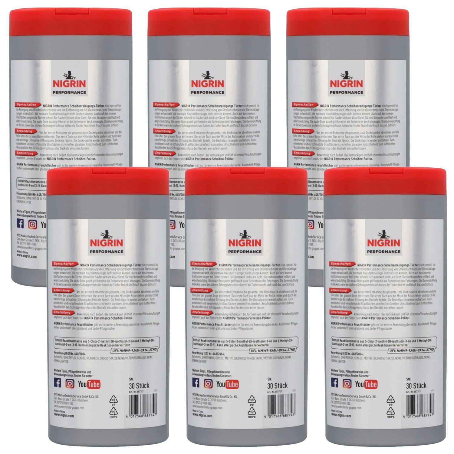 NIGRIN 6x Performance Scheiben-Reinigungstücher je 30x Auto-Reinigungsmittel (6-St. 6x Box je 30 Tücher Spender-Box Glas Schlierfrei Autoscheiben Scheinwerfer Blendfrei Sicht)