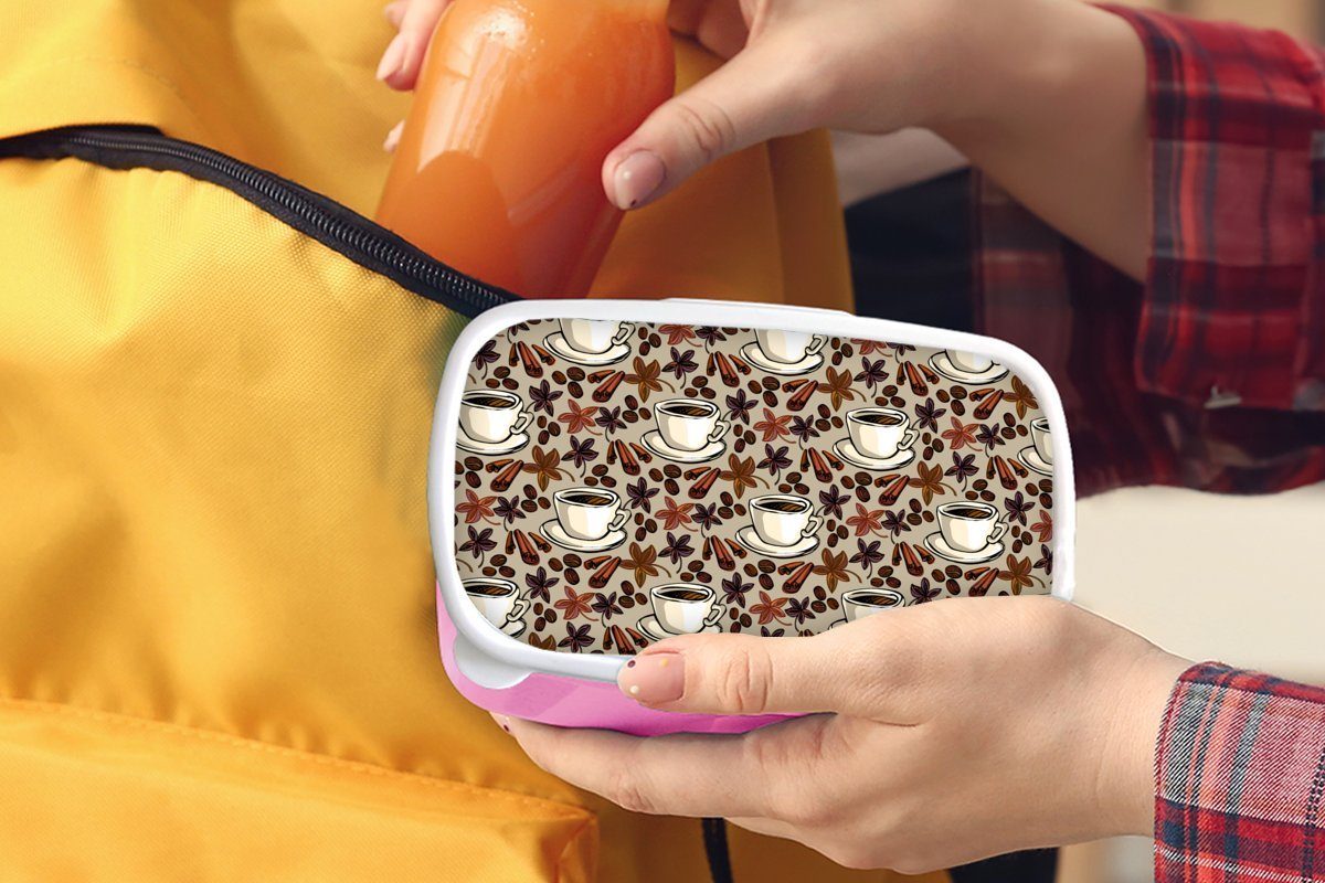 MuchoWow Lunchbox Kaffee - Brotdose Mädchen, rosa - Kinder, für Kunststoff, Erwachsene, (2-tlg), Kunststoff Muster, Snackbox, Zimt Brotbox