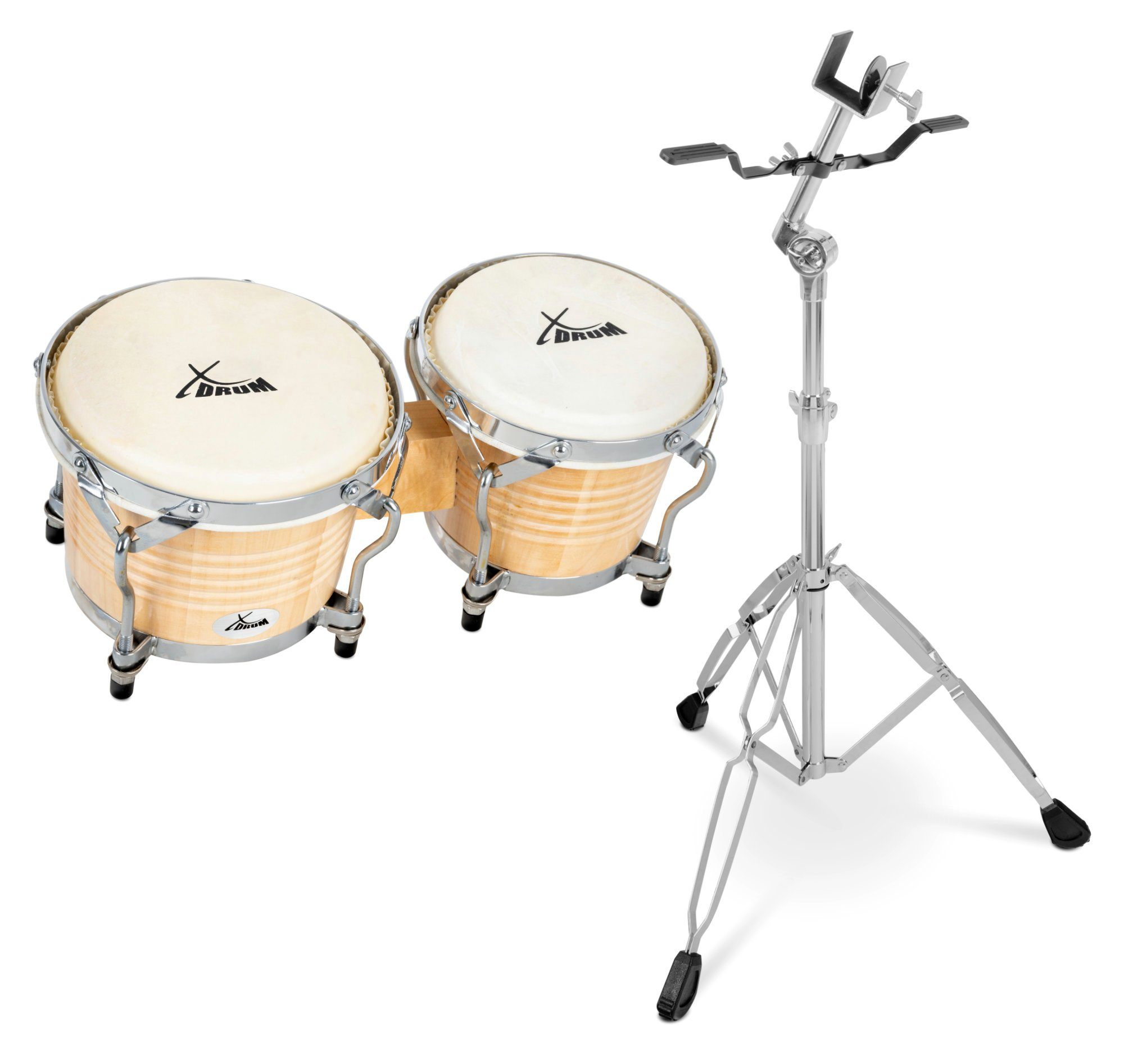 XDrum Bongo Bongos Pro - 2 Trommeln mit 6,5" (17 cm) und 7,5" (20 cm) Durchmesser - Bongotrommeln mit stimmbaren Naturfellen, Stimmschlüssel und Ständer, Verchromte Hardware