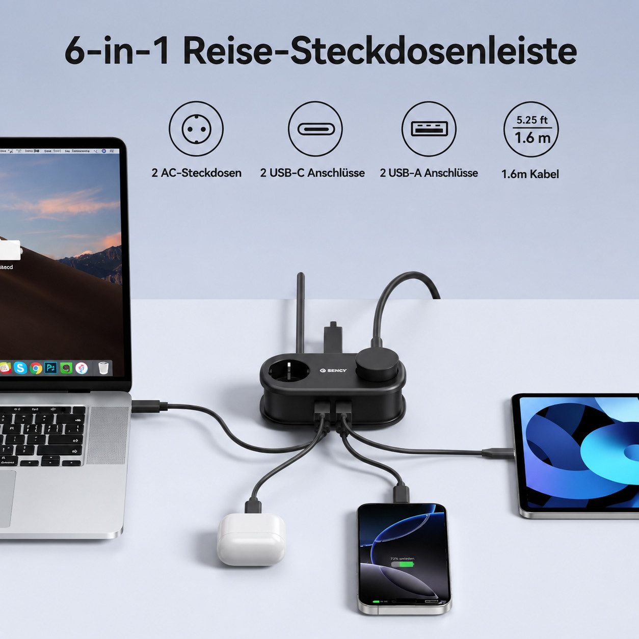 ORICO Steckdose AP3 20W Reisesteckdosenleiste mit USB-C PD, 1,5 m Kabel – kompakt für Reise & Home Office, 1-St., 2 Steckdosen & 4USB-Anschlüssen, kompakter Meh – Bild 2 von 5