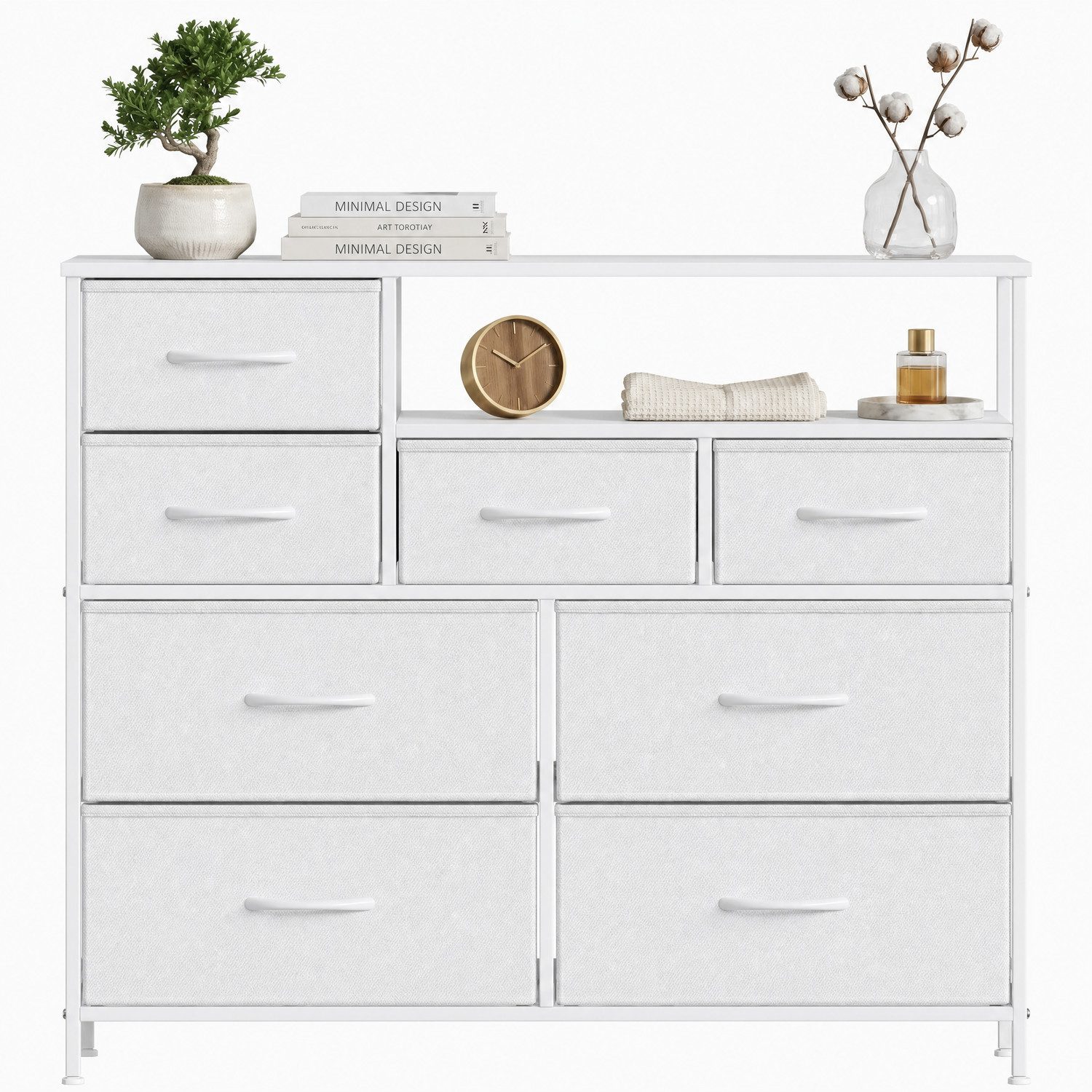 Refined Living Kommode Stoffkommode mit 6/7/8 Schubladen mit 2 offenen Ablagen Komodenschrank (Holzplatte und Metallrahmen, wasserdicht, Platzieren Dekorationen, Große Kapazität Aufbewahrungsmöbel, Sideboards, Schubkastenkommode), für Wohnzimmer, Kinderzi