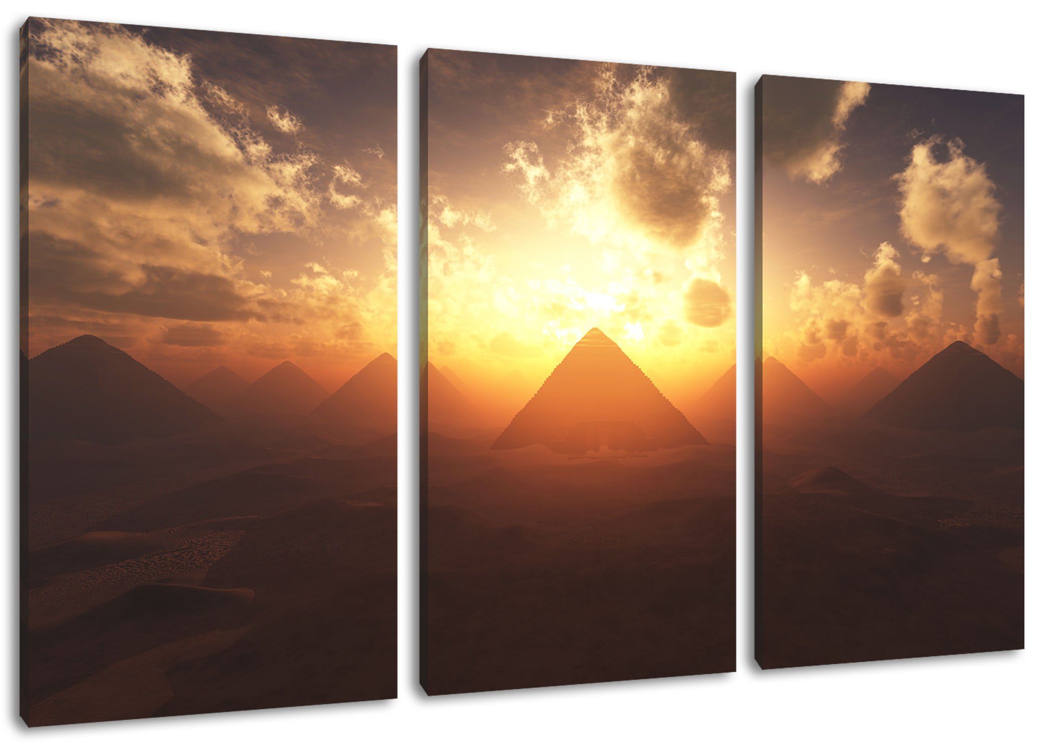 beim Leinwandbild Pixxprint Sonnenuntergang, Pyramiden Pyramiden Leinwandbild (1 Sonnenuntergang (120x80cm) beim Zackenaufhänger inkl. bespannt, fertig St), 3Teiler