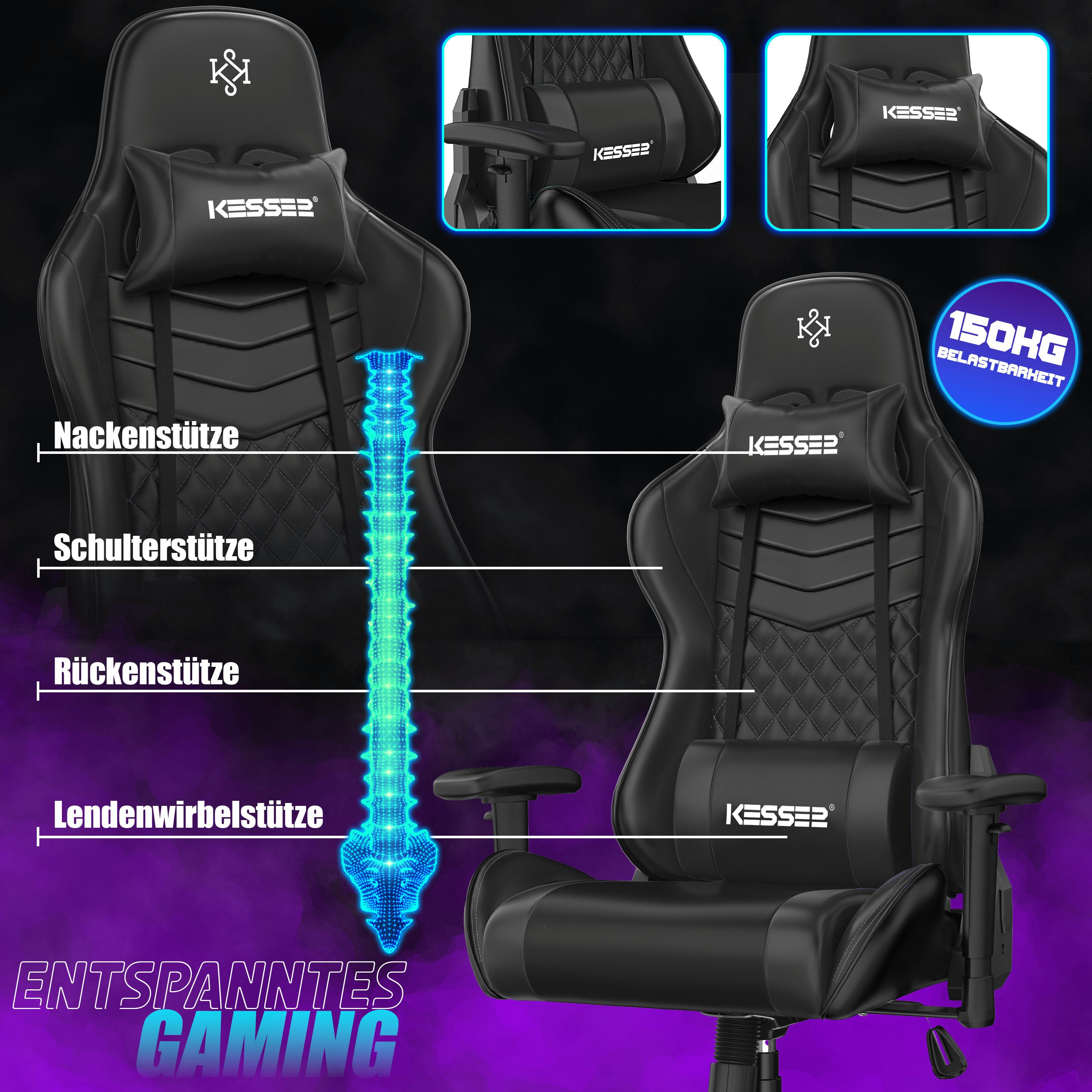 KESSER Gaming Chair, Ergonomisch Gamingstuhl 150kg belastbar Bürostuhl Lenden- & Kopfkissen