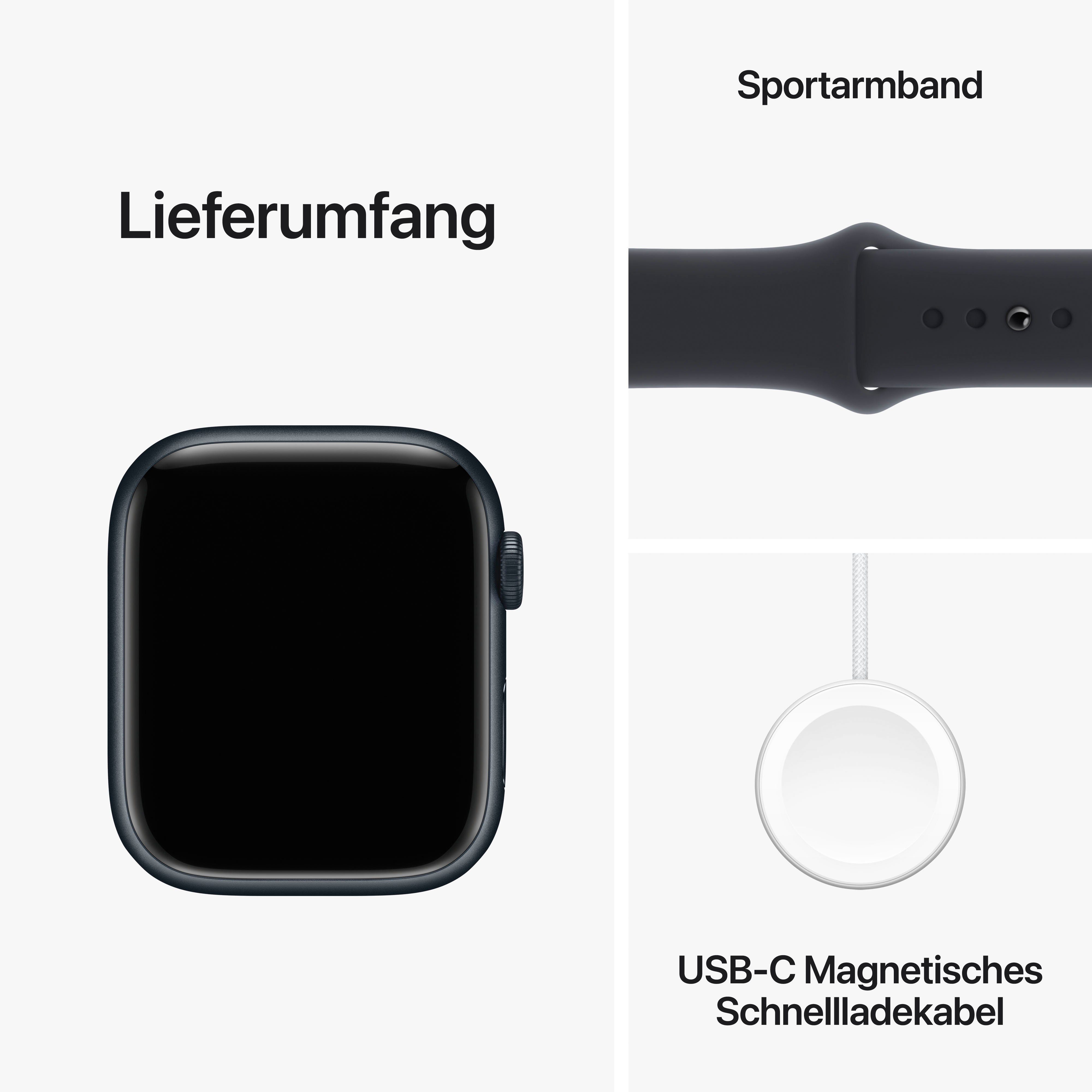 Apple Watch Series 9 GPS 45mm S/M Sport Zoll, Smartwatch (4,5 10), Aluminium | cm/1,77 Watch Mitternacht Mitternacht Band OS