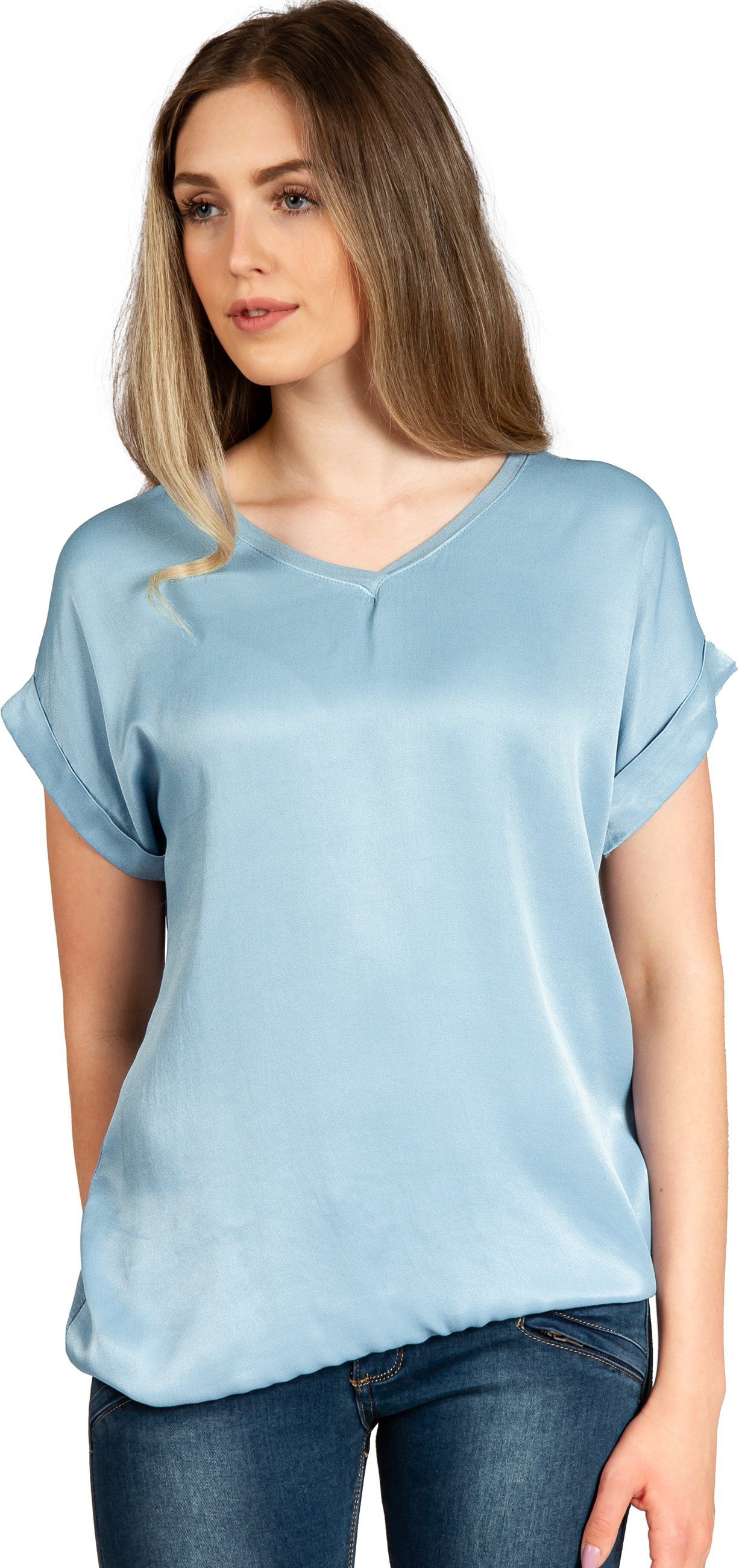 Shirtbluse BLU026 leichte elegante Damen Seidenglanz Kurzarm Sommer Bluse