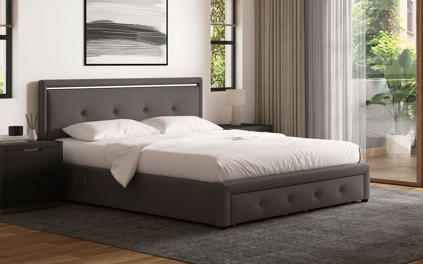 OTTO home Polsterbett RUNELLE, LED-Stauraumbett mit Lattenrost & Schubladen, Strukturstoff, Liegefläche 140x200cm / 160x200cm / 180x200cm