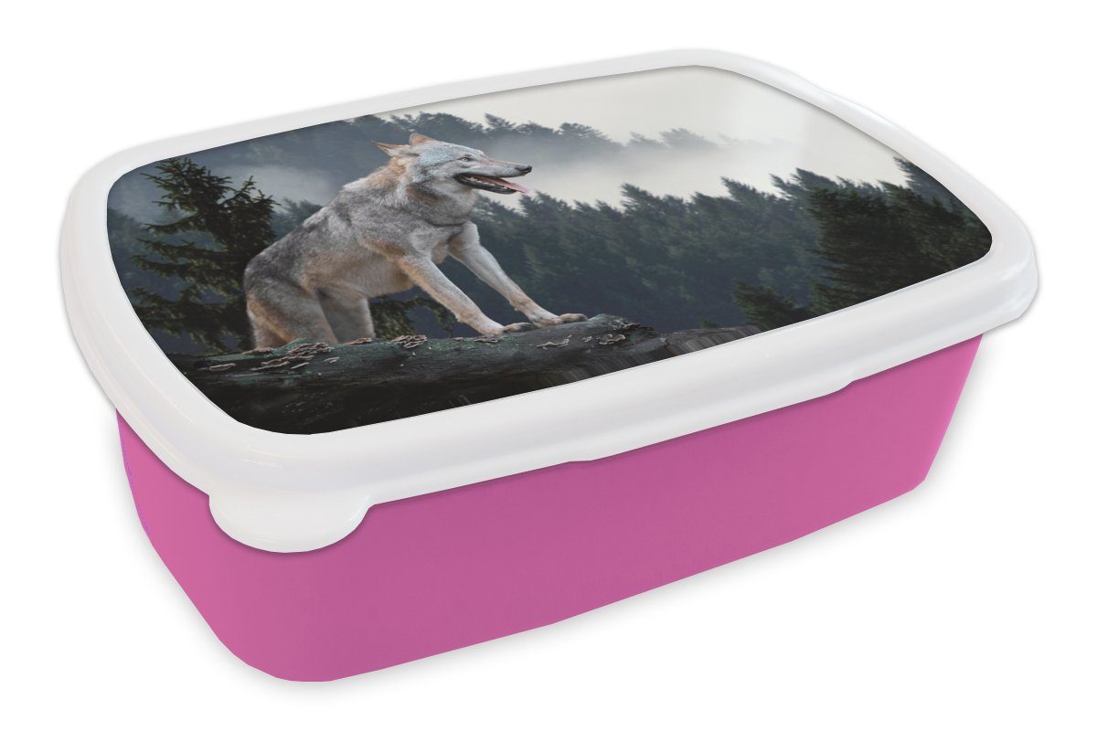 MuchoWow Lunchbox Wolf - Tier - Wald, Kunststoff, (2-tlg), Brotbox für Erwachsene, Brotdose Kinder, Snackbox, Mädchen, Kunststoff rosa