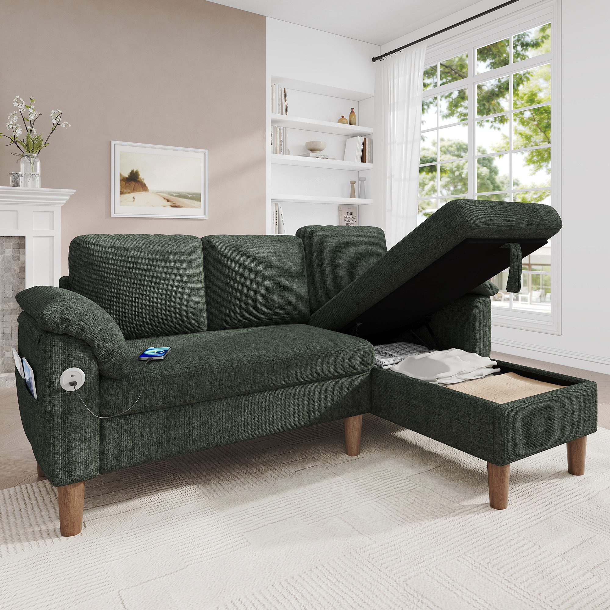 Merax Ecksofa L-förmiges Sofa mit Stauraum-Chaiselongue, links oder rechts montierbar, Couch, Schlafsofa 1 Teile, 3-Sitzer-Sofa mit USB & Type-C Ladeanschluss, Seitentaschen & Kissen