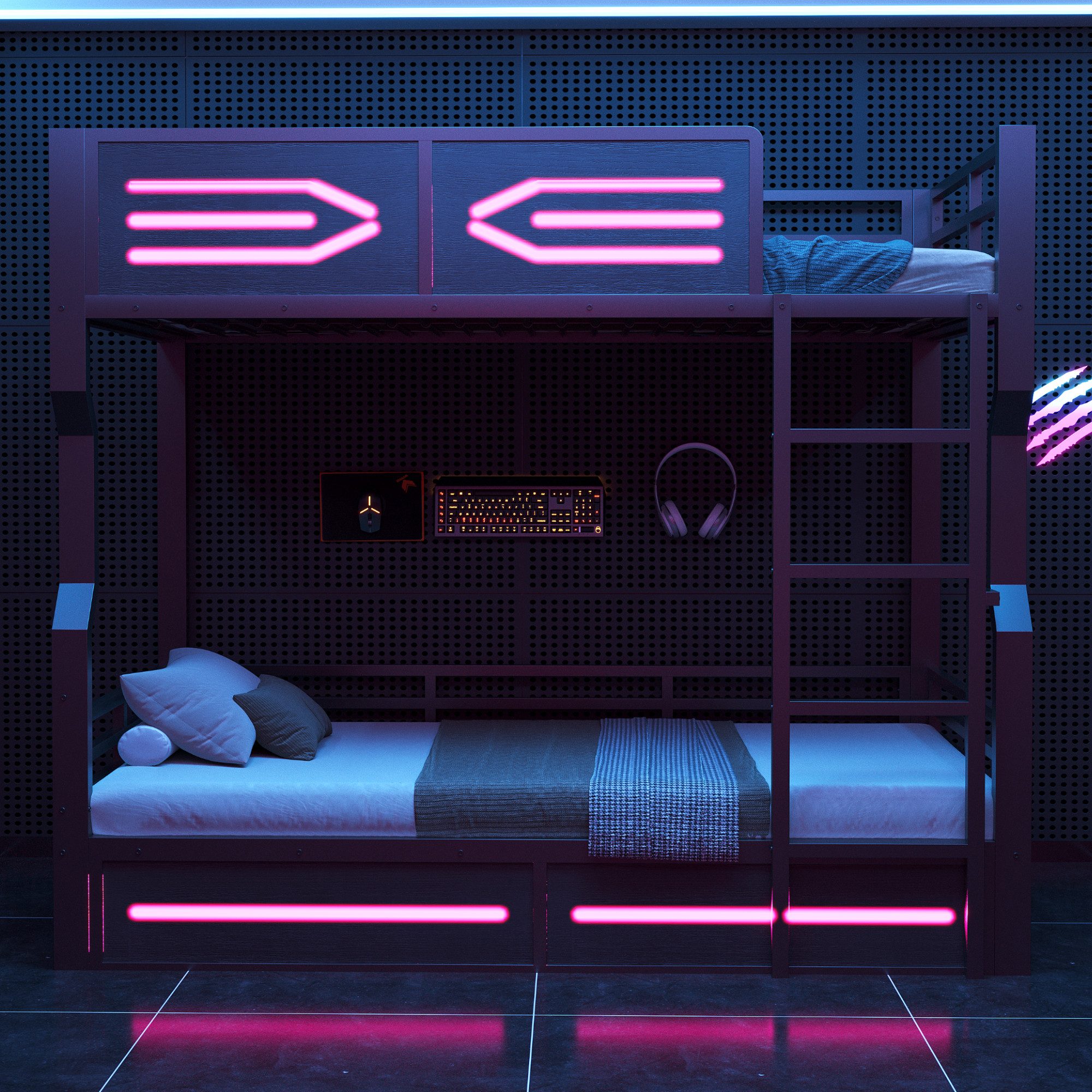 Flieks Etagenbett, Metallbett Kinderbett 90×200cm mit LED-Beleuchtung und Leiter