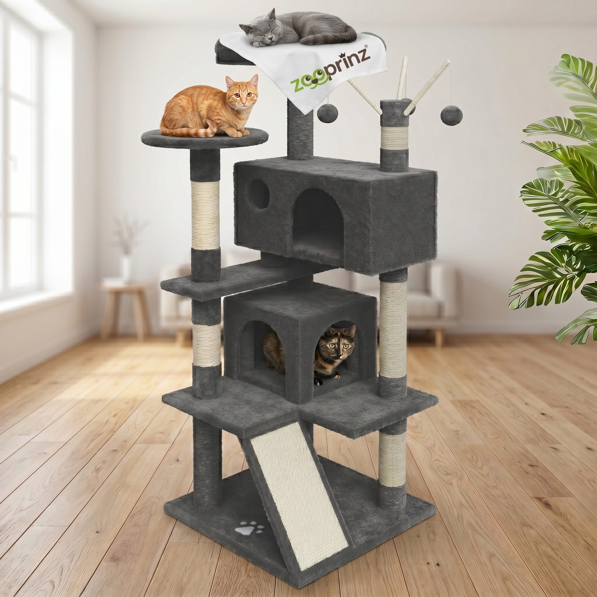 Zooprinz Kratzbaum Kitty XXL inklusive Plüschmaus, 3 Spielbälle, Strapazierfähig, 2 Höhlen, Sisalstämme