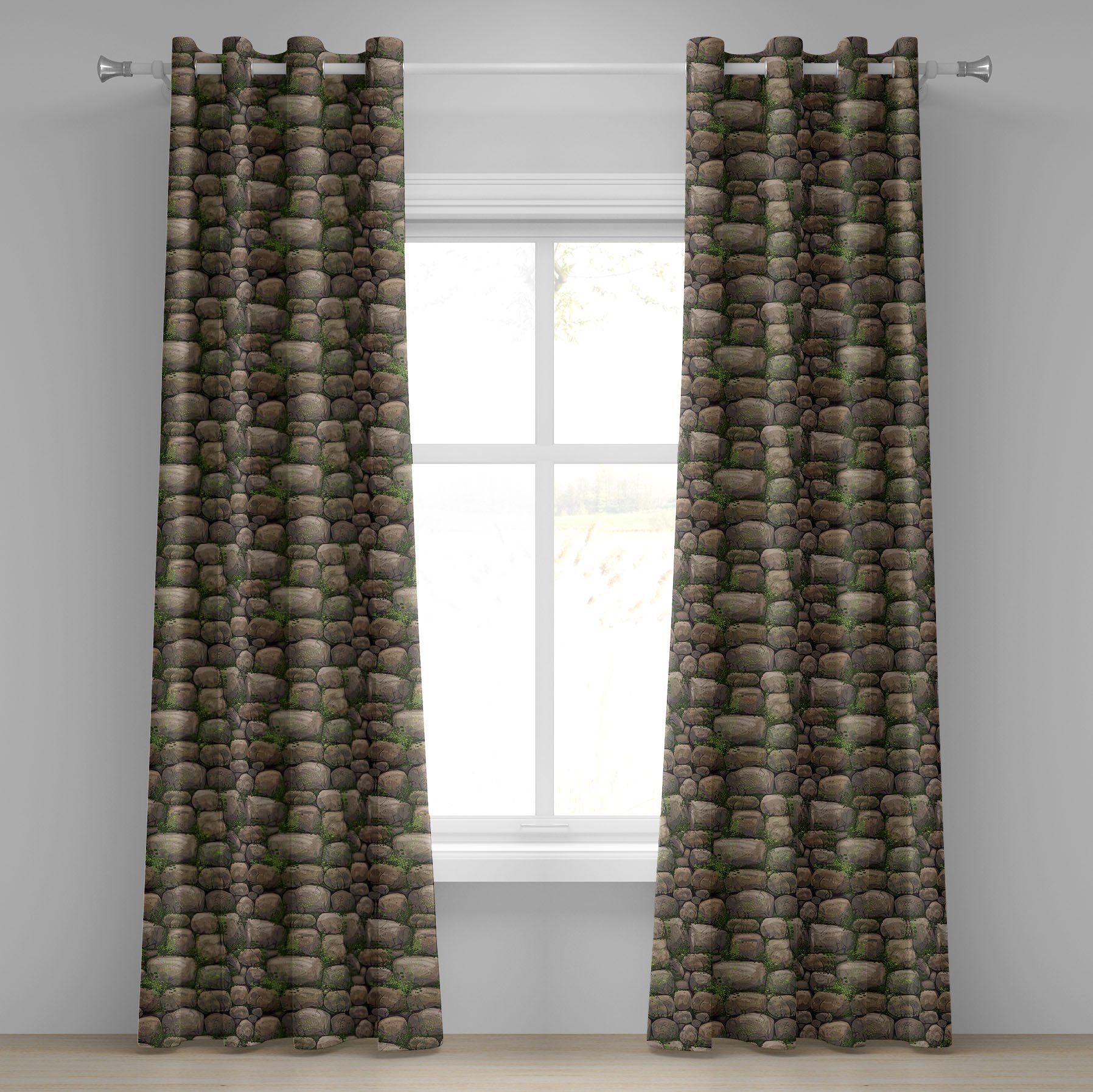 Gardine Dekorative 2-Panel-Fenstervorhänge für Schlafzimmer Wohnzimmer, Abakuhaus, Natur Steine ​​mit Moos bedeckt