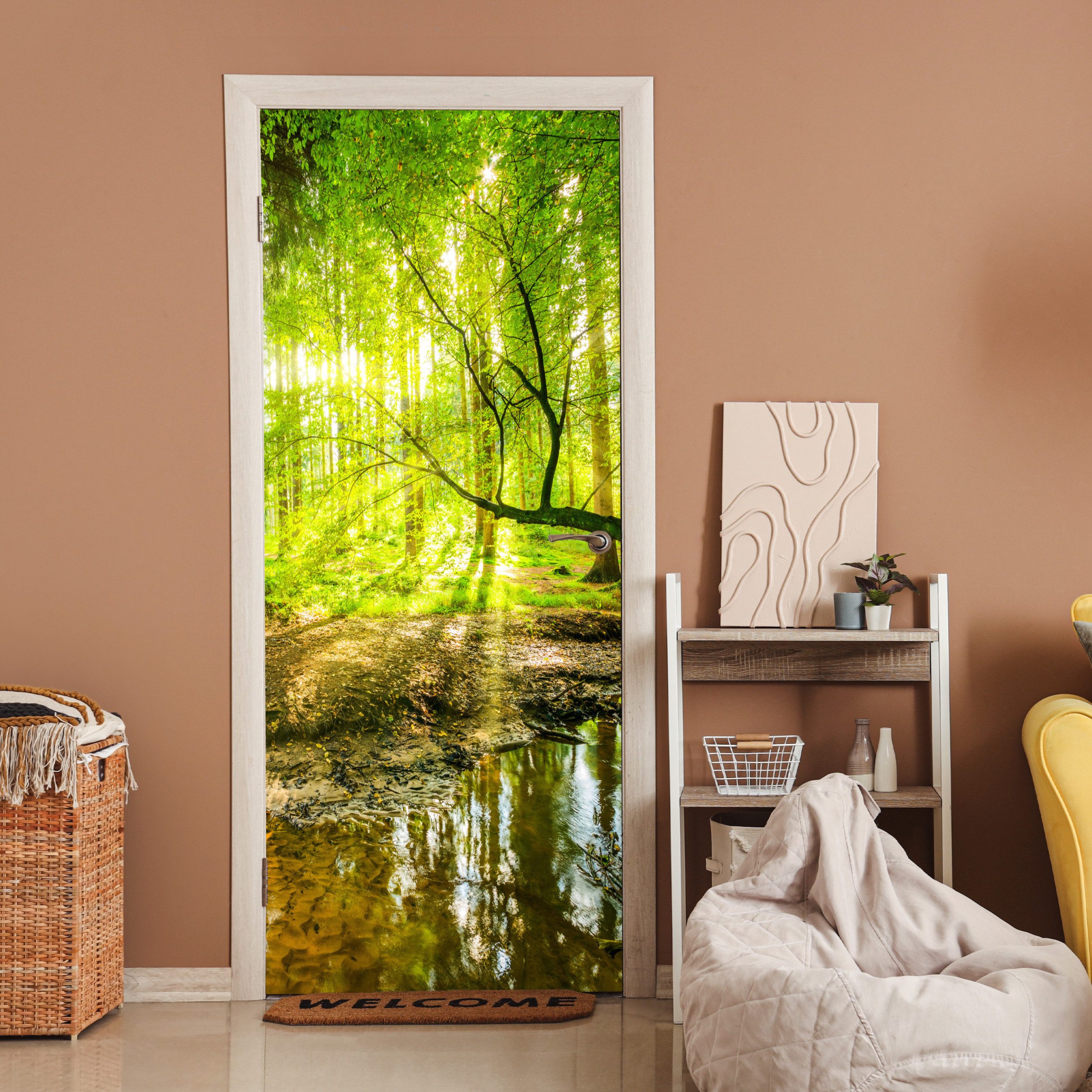 MuchoWow Türtapete Wald - Landschaft - Wasser - Bäume - Sonne - Grün - Natur, Matt, bedruckt, (1 St), Selbstklebende Tapete, Folie für Möbel, 75x205 cm