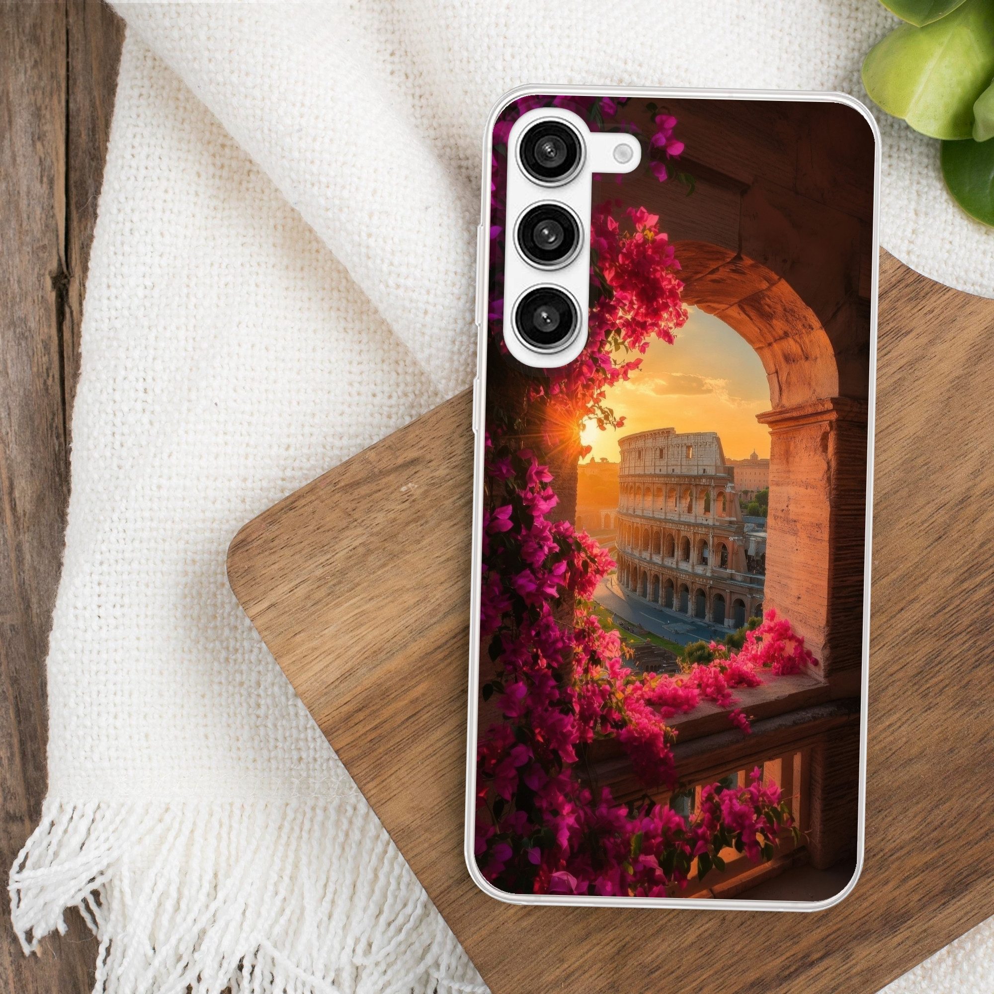 MuchoWow Handyhülle für Samsung Galaxy S23 Plus Kolosseum - Rom - Rosa Blumen, Phone Case, Silikon, Schutzhülle Dünn