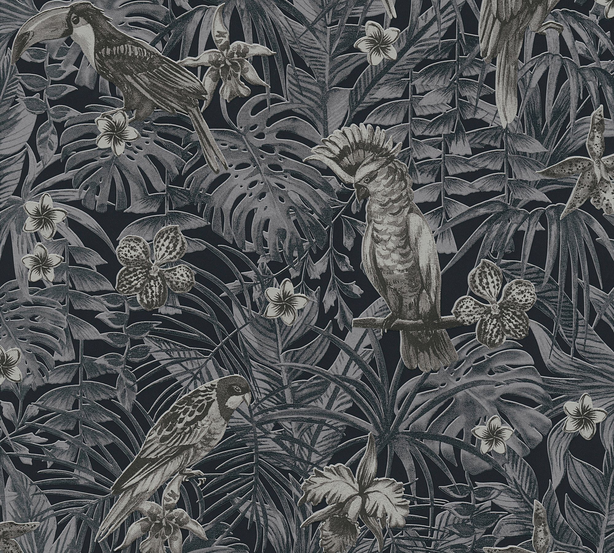 schwarz A.S. Optik, floral, Palmenprint in strukturiert, Création Dschungel Vogeltapete Greenery Vliestapete Dschungel Tapete mit