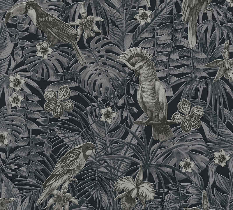 A.S. Création Vliestapete Greenery mit Palmenprint in Dschungel Optik, strukturiert, floral, Vogeltapete Tapete Dschungel