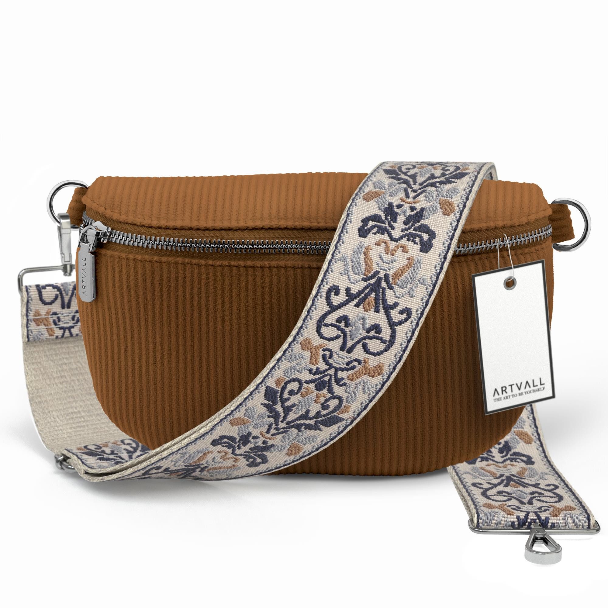 ARTVALL Umhängetasche Cord Handtasche Brusttasche Crossbody Bag Braun (Tasche inkl. Taschenband), Cord Bauchtasche Cordtasche Stoff weich abnehmbarer Taschengurt Klein