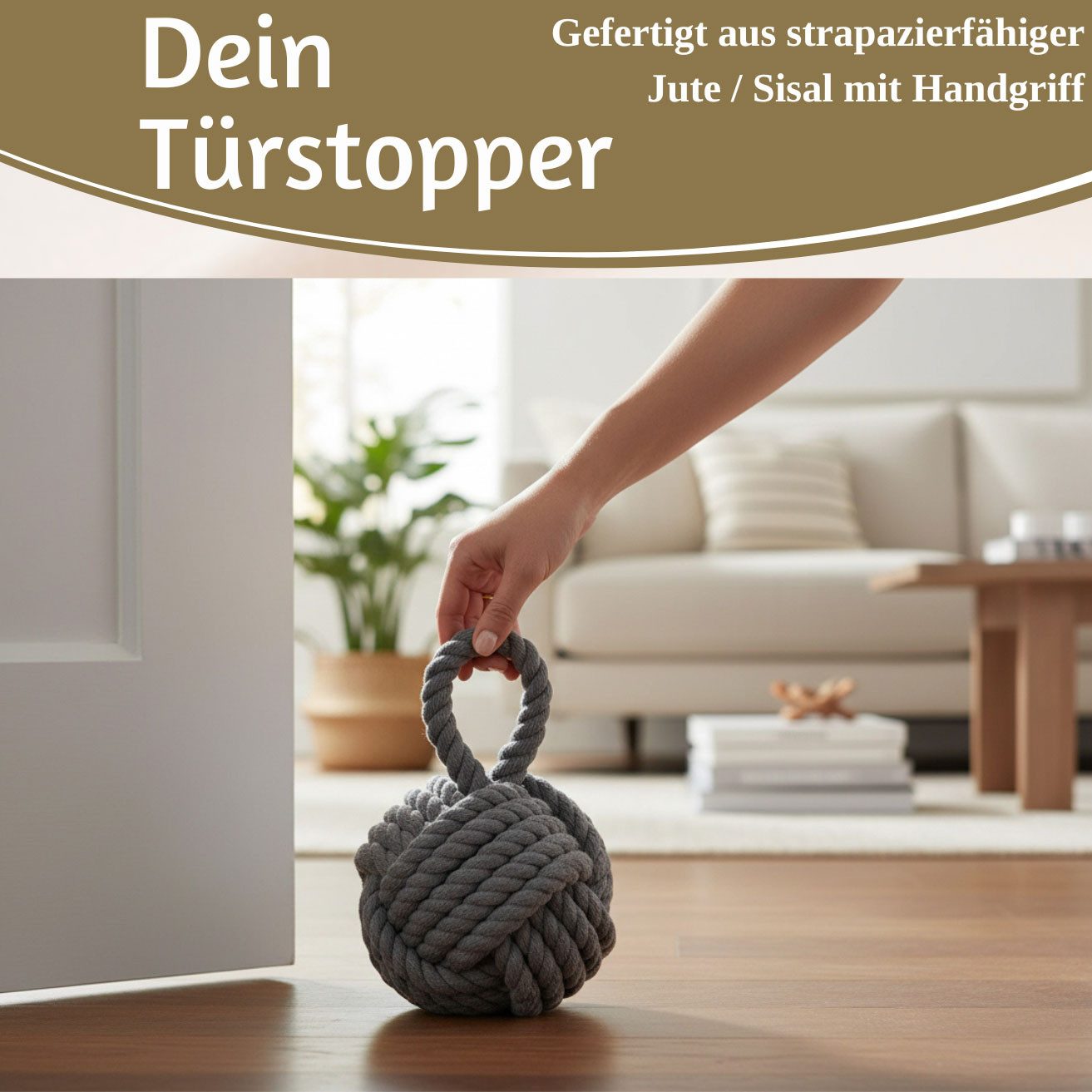LS-LebenStil Bodentürstopper Boden Türstopper Malmö 23cm Grau 1,3kg Jute Knoten Tragegriff Türpuffe (Handgearbeitet Bodenstopper Türpuffer Türhalter Türsack Tür – Bild 4 von 5