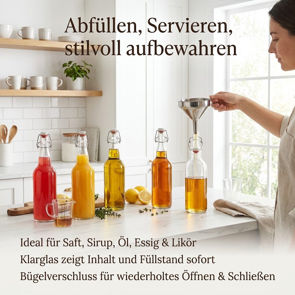 gouveo Trinkflasche Glasflaschen 750 ml Rondo mit Bügelverschluss - Bügel-Flasche, Drahtbügelverschluss, runde Flaschenform, aromadicht