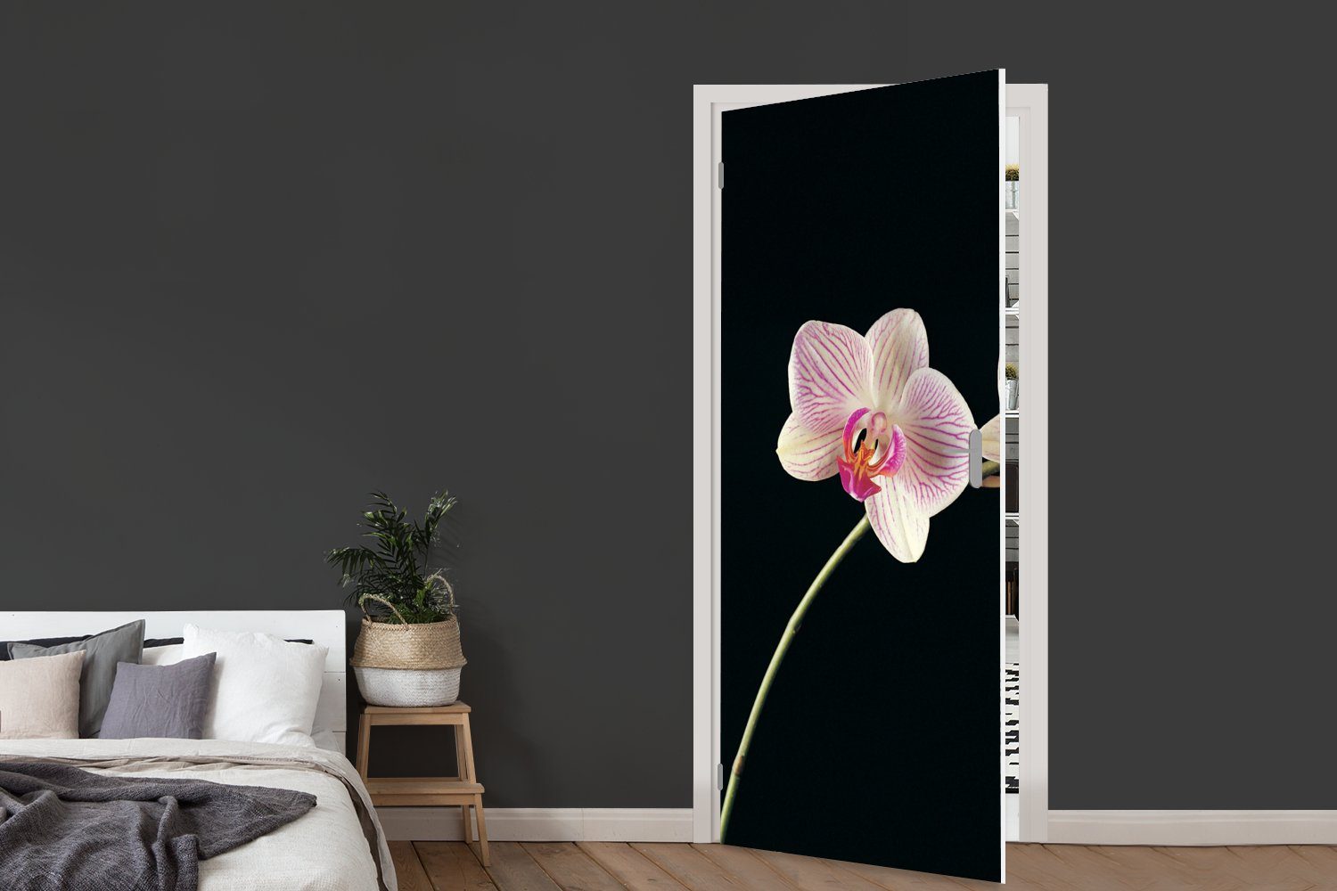 Matt, bedruckt, (1 Knöpfe, MuchoWow Türtapete Türaufkleber, Rosa - Fototapete - cm St), Schwarz Orchidee 75x205 - Blumen - Tür, für