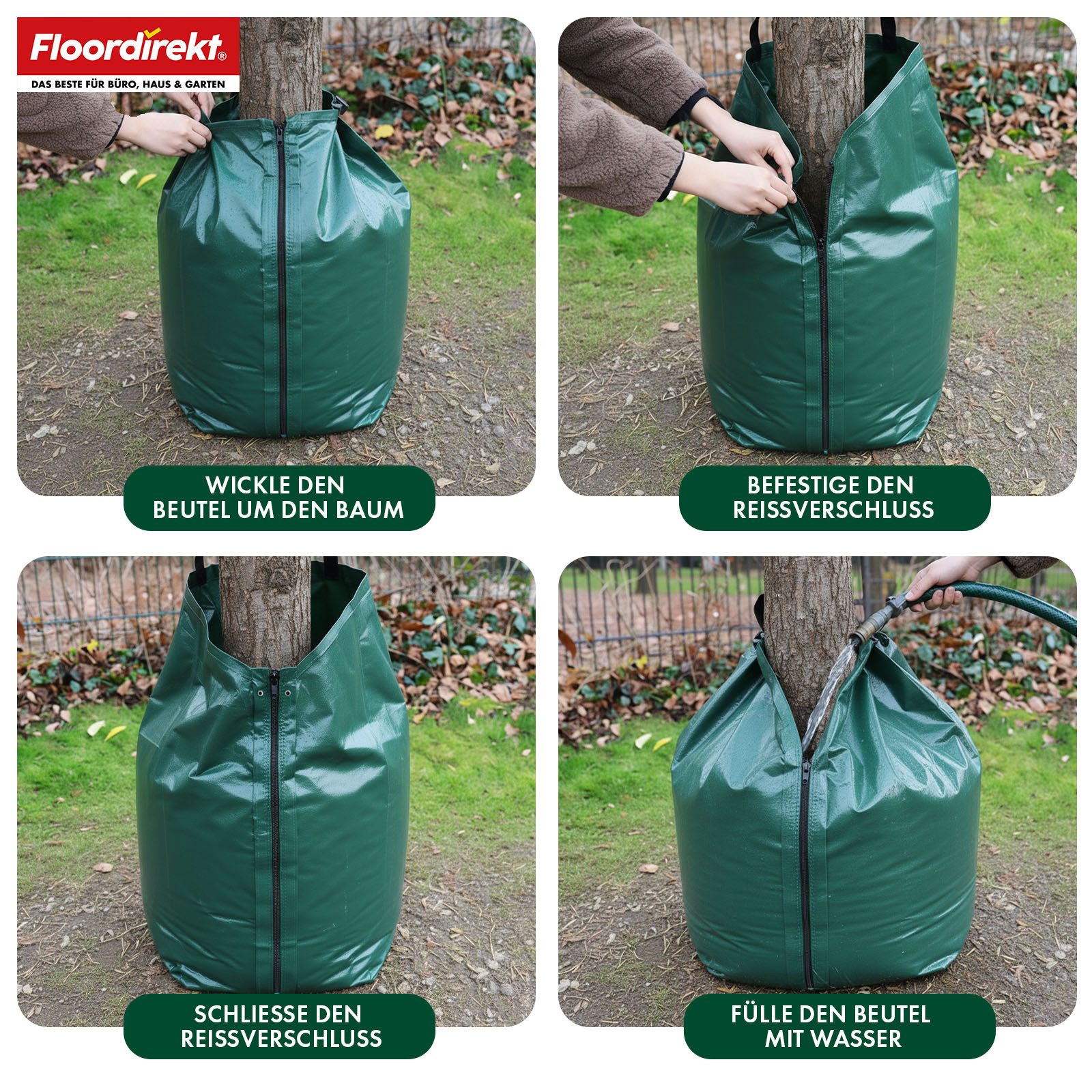 Floordirekt Bewässerungssystem, Bewässerungsbeutel für Bäume, Bewässerungssack 75L oder 100L, (1-tlg., auch für Gartenabfälle nutzbar), mit Tropfsystem & Reißverschluss, Wassersack wiederverwendbar aus PVC