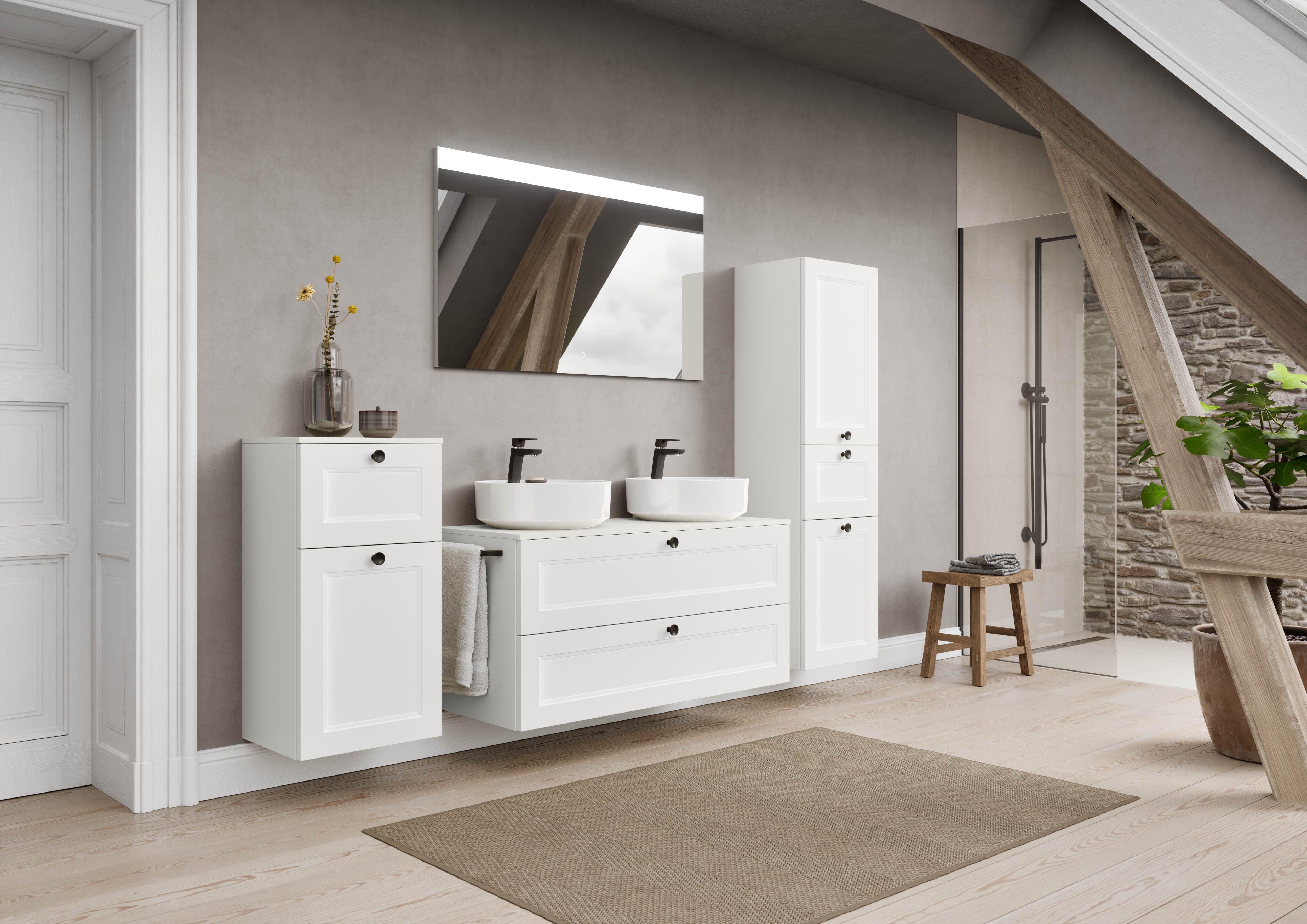 nobilia® Badmöbel-Set Cascada, (Set, 4-St., inkl. 2 Aufsatzwaschbecken und beleuchtetem Spiegel mit Touch-Sensor), vormontiert, mit Soft-Close, Breite 120 cm