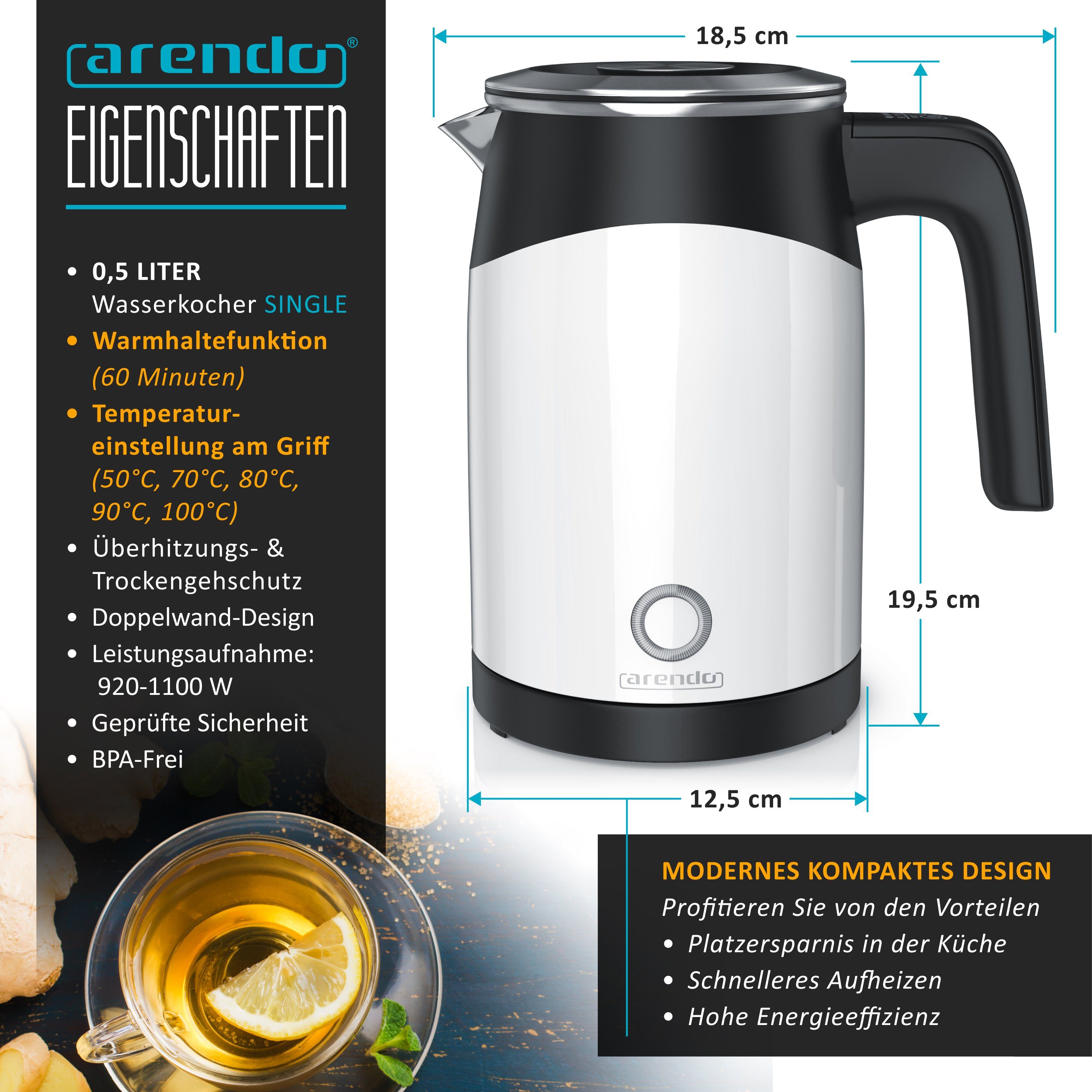 Arendo Wasserkocher aus Edelstahl, Reisewasserkocher Mini, Temperatureinstellung, Single, 0,5 l, 1100 W, Doppelwand-Design, 5 Temperaturstufen einstellbar, Warmhaltefunktion