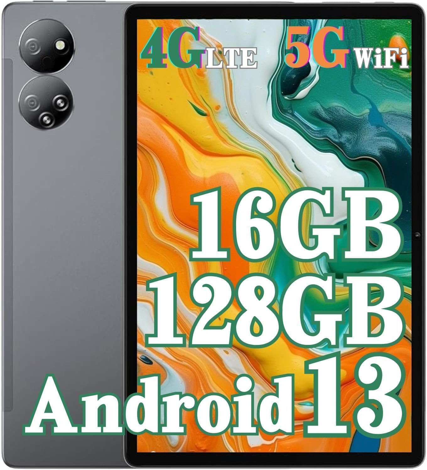TYD Schönes Design, große Akkulaufzeit Tablet (10,1", 128 GB, Android 13, 2,4G+5G, Tablet Octa-Core, 1TB TF Extend,2,5GHz, Dual SIM Card, 8MP+13MP Kamera)