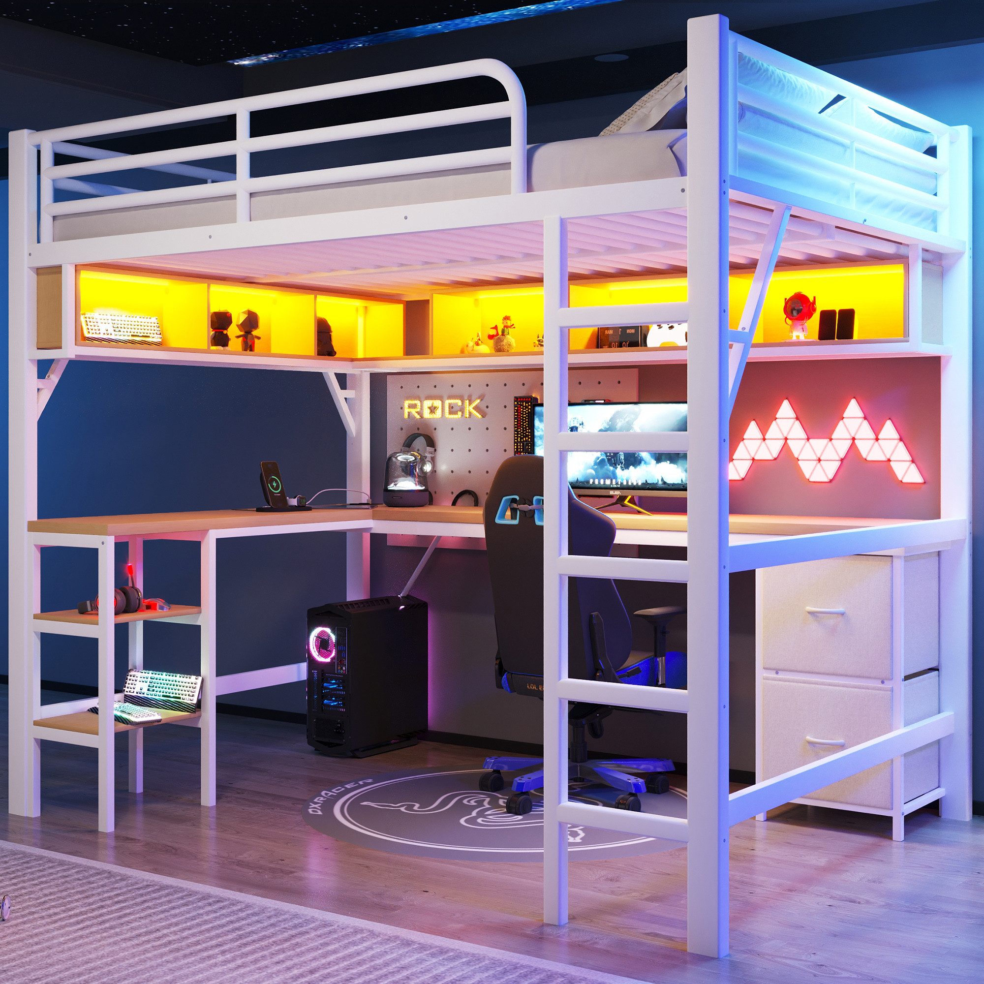 SOFTWEARY Hochbett mit Schreibtisch und LED-Beleuchtung (140x200 cm, mit Regal, Leiter, Schubladen, Steckdosen und USB) Metallbett, Kinderbett mit Rausfallschutz