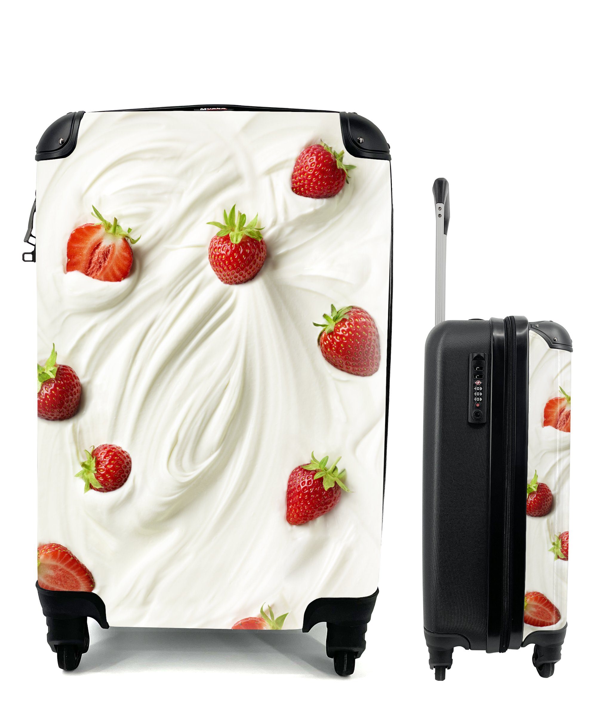 MuchoWow Handgepäckkoffer Erdbeere - Joghurt - Rot, 4 Rollen, Reisetasche mit rollen, Handgepäck für Ferien, Trolley, Reisekoffer