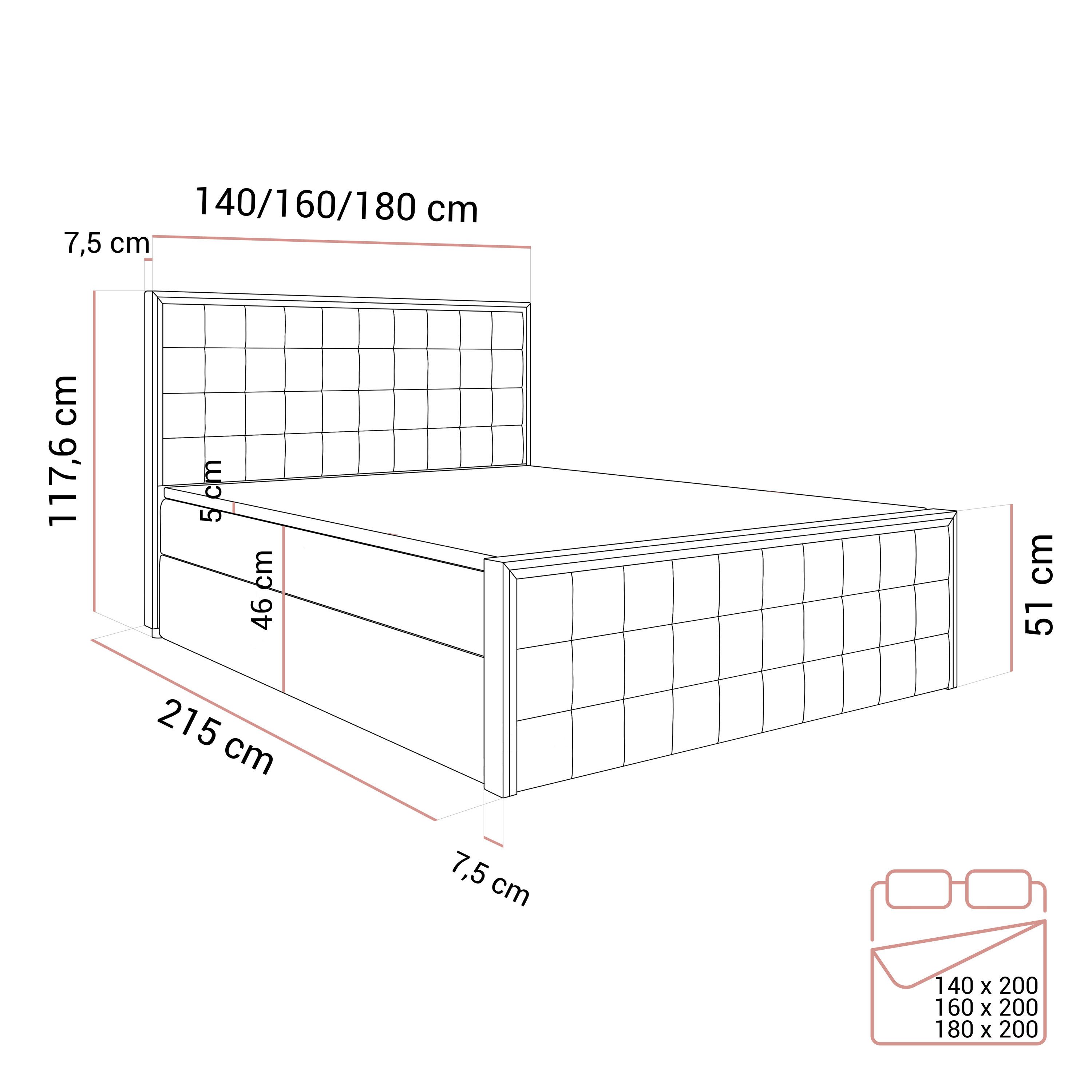 Lookway Boxspringbett mit zwei Bettkästen für Bettwäsche, ISADORA II GOLD (Boxspringbett mit Topper), Breite: 140/160/180x200 – Bild 5 von 5