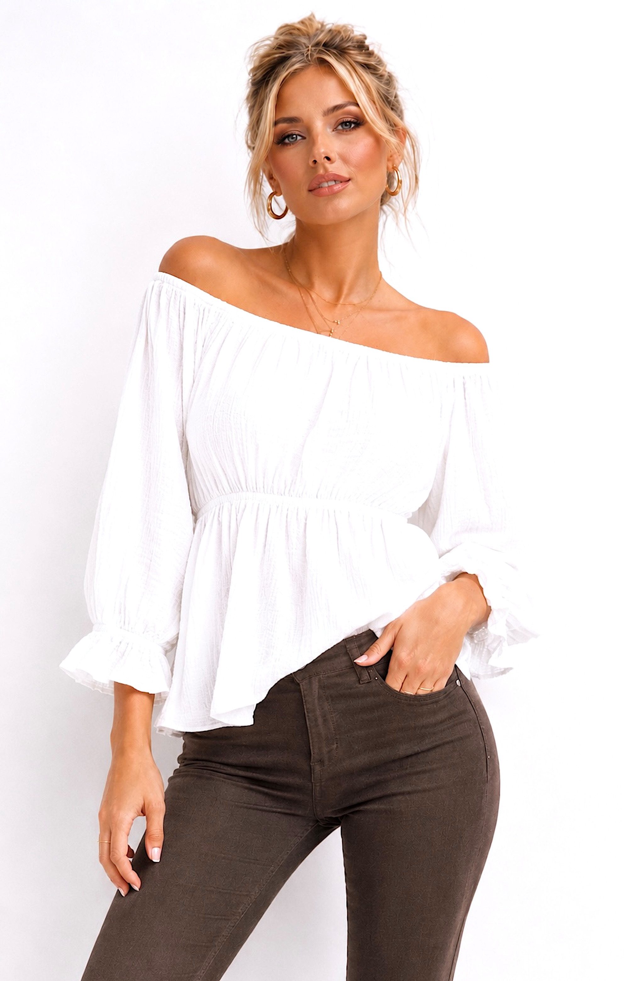 Worldclassca Chiffonbluse Worldclassca Musselin Off Shoulder Bluse Chiffon Sommer Top Shirt 3/4 Neue Kollektion - Stilvolle und gemütliche Sommer Mode für Damen