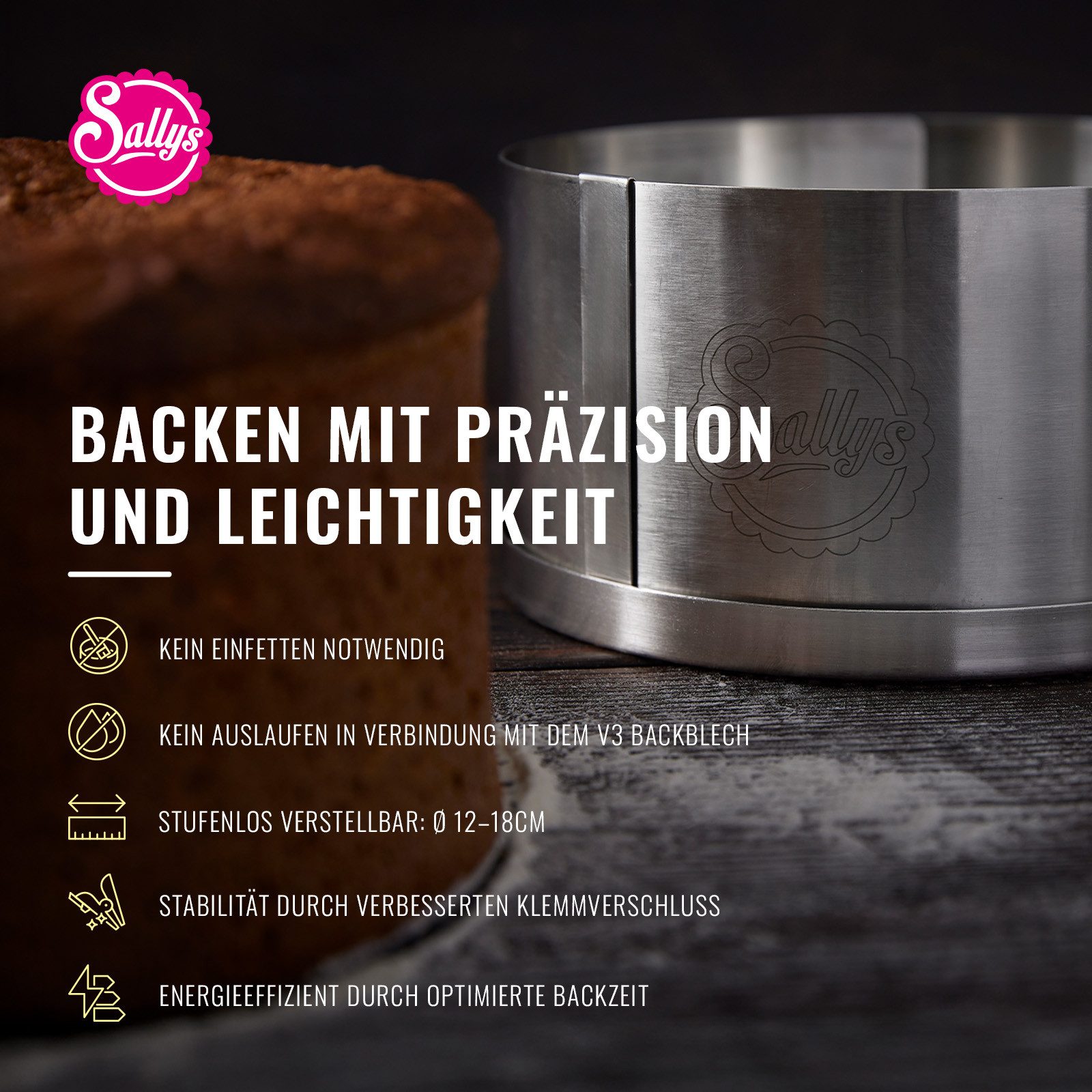 Sallys Tortenring 10 cm V2 aus robustem Edelstahl mit Innenskalierung, rund, rostfrei