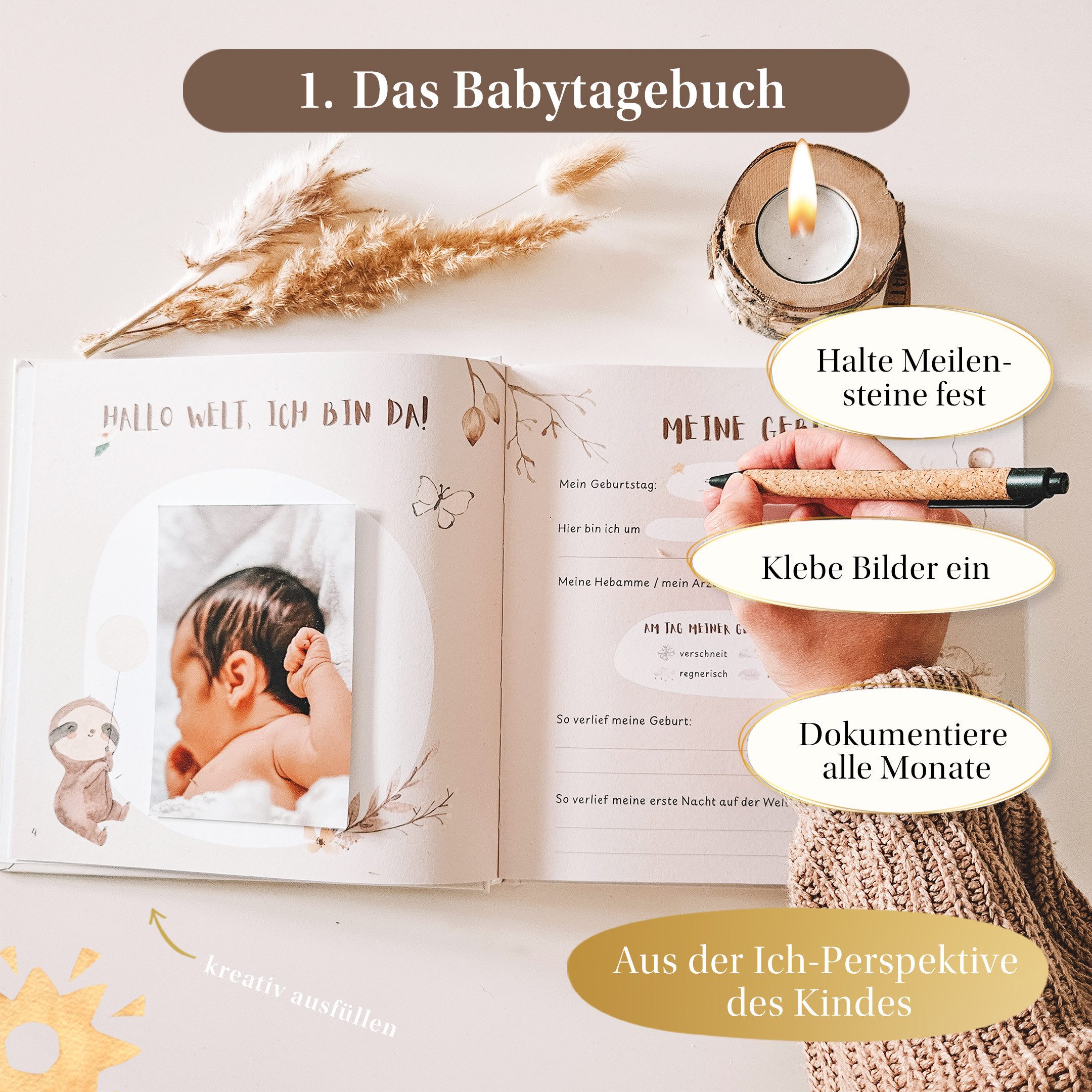 Eulentaler Tagebuch I Geburt Geschenkset 3in1 I Babyalbum, Meilensteinkarten & Abdruckset, für das erste Jahr, von Pädagogen gestaltet