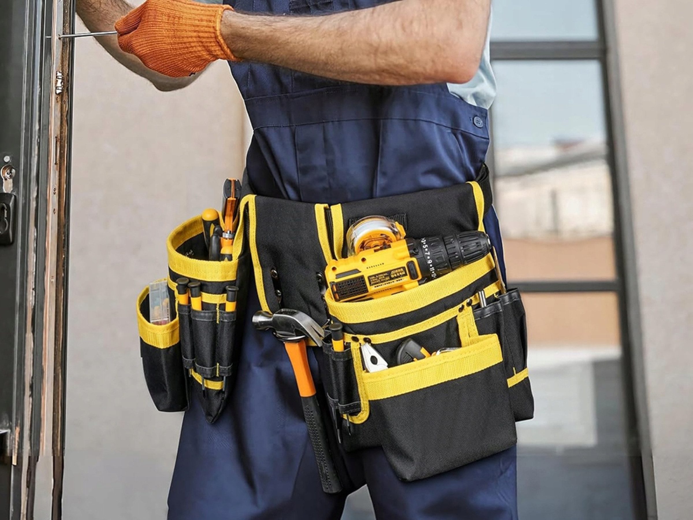 Verkgroup Werkzeughalter Werkzeuggürtel 22 Taschen Hammerhalter Montagegürtel bis 120 cm, Werkzeuggürtel Set mit Werkzeugtaschen und Hammerhalter, 1x Werkzeuggürtel, 2x Werkzeugtaschen, 1x Hammerhalter, 22 Taschen, Hammerhalter, verstellbar bis 120 cm, robustes Material