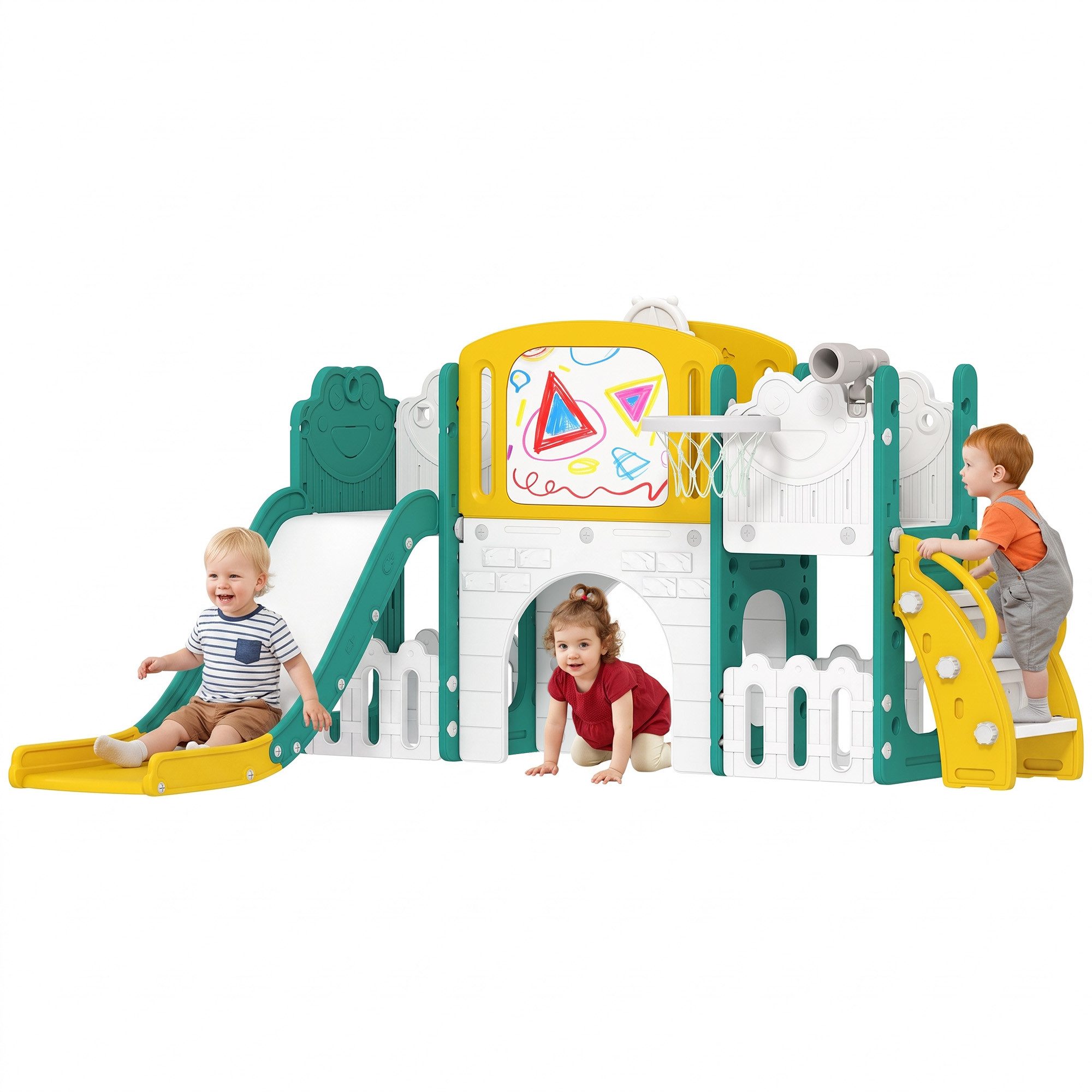 AIYAPLAY Rutsche Klettergerüst 7 in 1 Babyrutsche mit Basketballkorb, Tunnel, (Spielplatz, 1-tlg., Kinderrutsche), für Kleinkinder 1-3 Jahre, Gelb