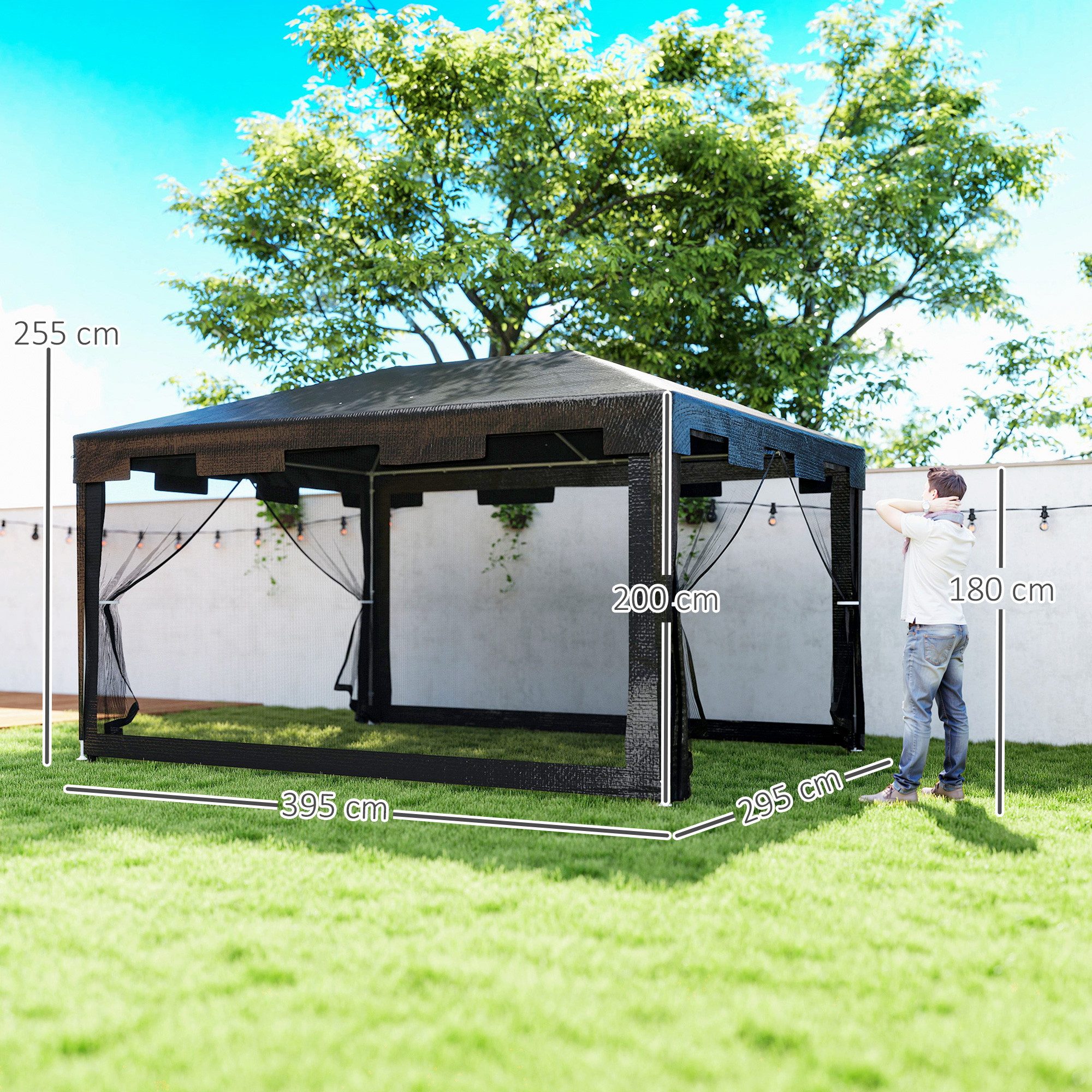 Outsunny Pavillon 4x3m, Rechteckig, mit Moskitonetz, 4 Seitenteile, mit 4 Seitenteilen, (Stabil Winterfest Partyzelt, Gartenzelt), für Camping Garten, Dunkelgrau