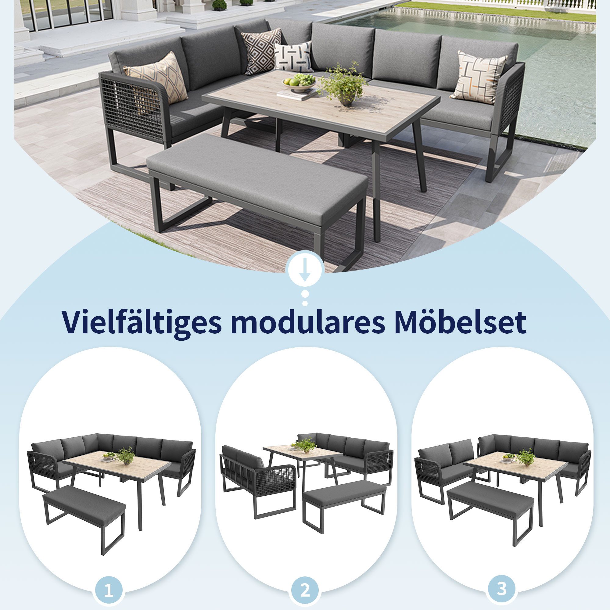 i@home Gartenlounge-Set, (5-tlg., mit Hochwertigen Sitzkissen & Rückenkissen), für 6-8 Personen, PE-Rattan Polstergruppe, Terrassen Sofa Set, Grau