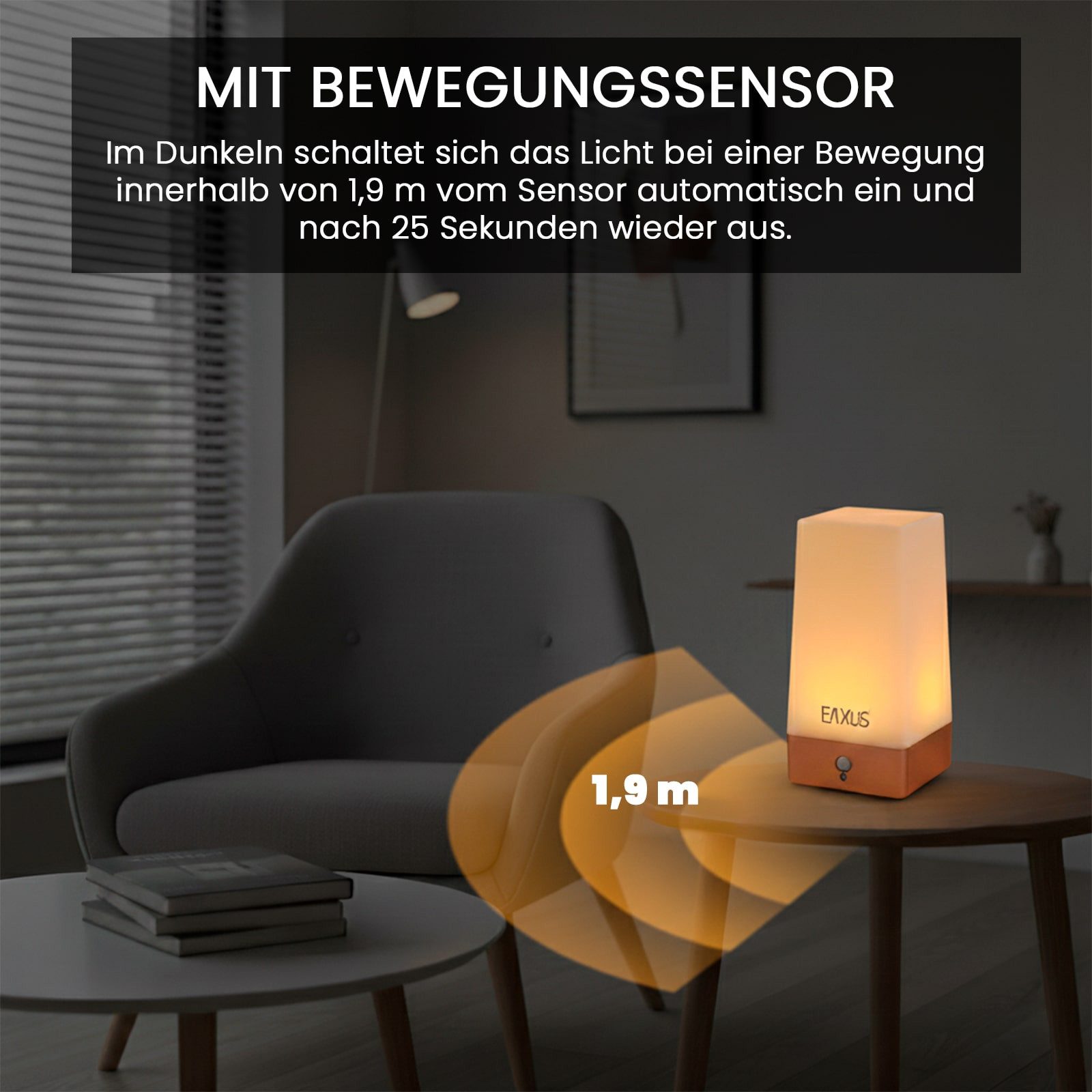 EAXUS LED Tischleuchte Kabllose Nachtlampe im Kupfer/Bronze Look, mit Bewegungssensor & Dämmerungssensor, LED fest integriert, warmweiß, Nachttischleuchte – Bild 5 von 5