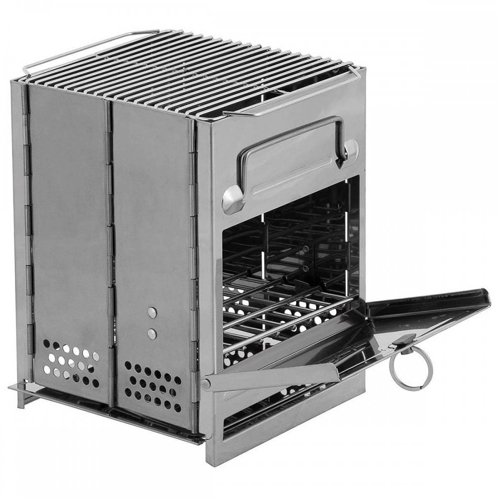 FoxOutdoor Gaskocher Raketenofen, mit Rost, faltbar, klein, Edelstahl, (Set, Transporttasche), 27 x 20 x 20 cm (H x B x T)