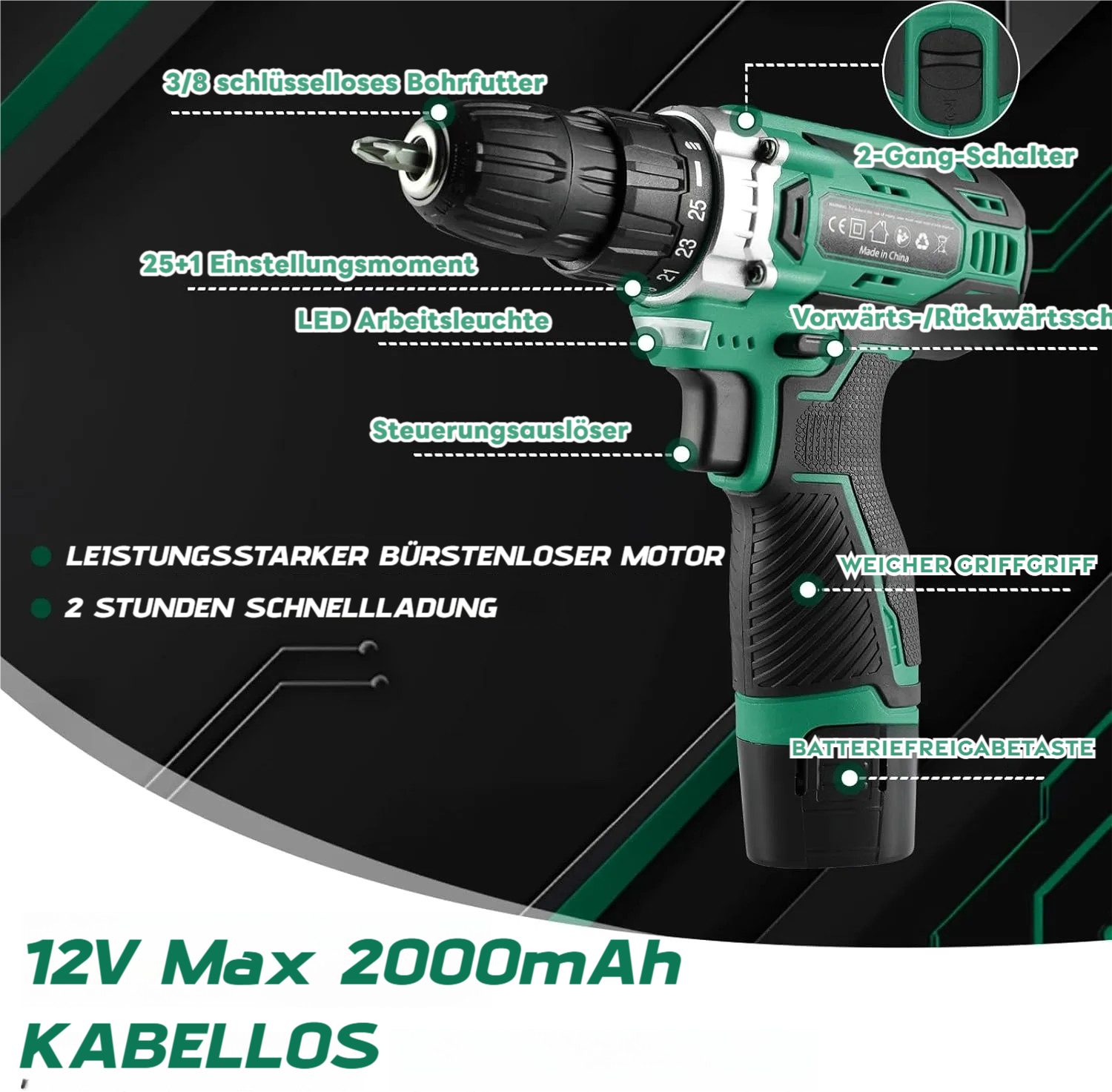 TLGREEN Akku-Bohrschrauber,12V Akkuschrauber Set,Akkubohrer mit 138PCS Werkzeugkoffer, max. 1500 U/min, (Set, 25+1 Drehmomentstufen + 2-Gang-Getriebe, LED Licht), für Holz, Metall & Heimwerkerprojekte